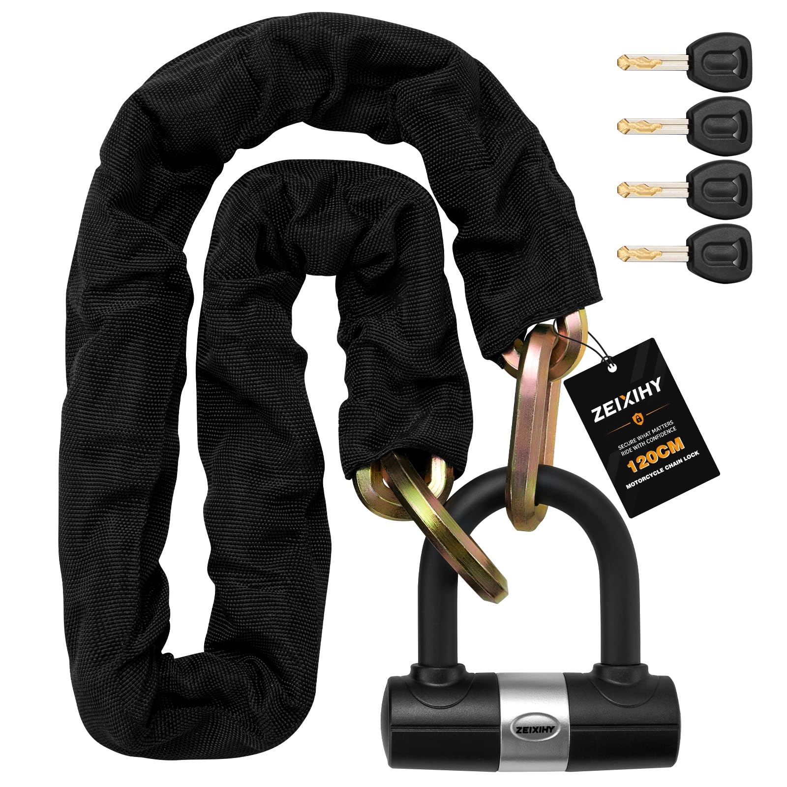 ZEIXIHY Heavy Duty Motorcycle Chain Lock, 10mm Hardened Steel Anti-Theft Bike Lock with U Lock & 4 Keys, 1.2m Security Chain for Motorcycle, E-Bike, Scooter, Bicycle, Gate – Gold