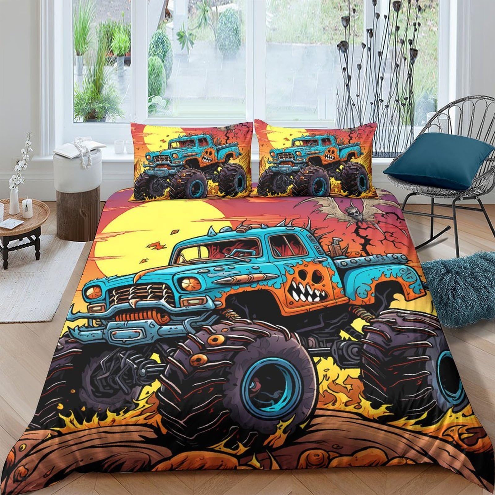 Ctjqhvkz Style-6 3D Printed Monster Truck Fitted Sheet Microfiber Orange Blue Cartoon Bed Cover For Bedroom Dorm Room Mattress Decor Single（135X200cm）