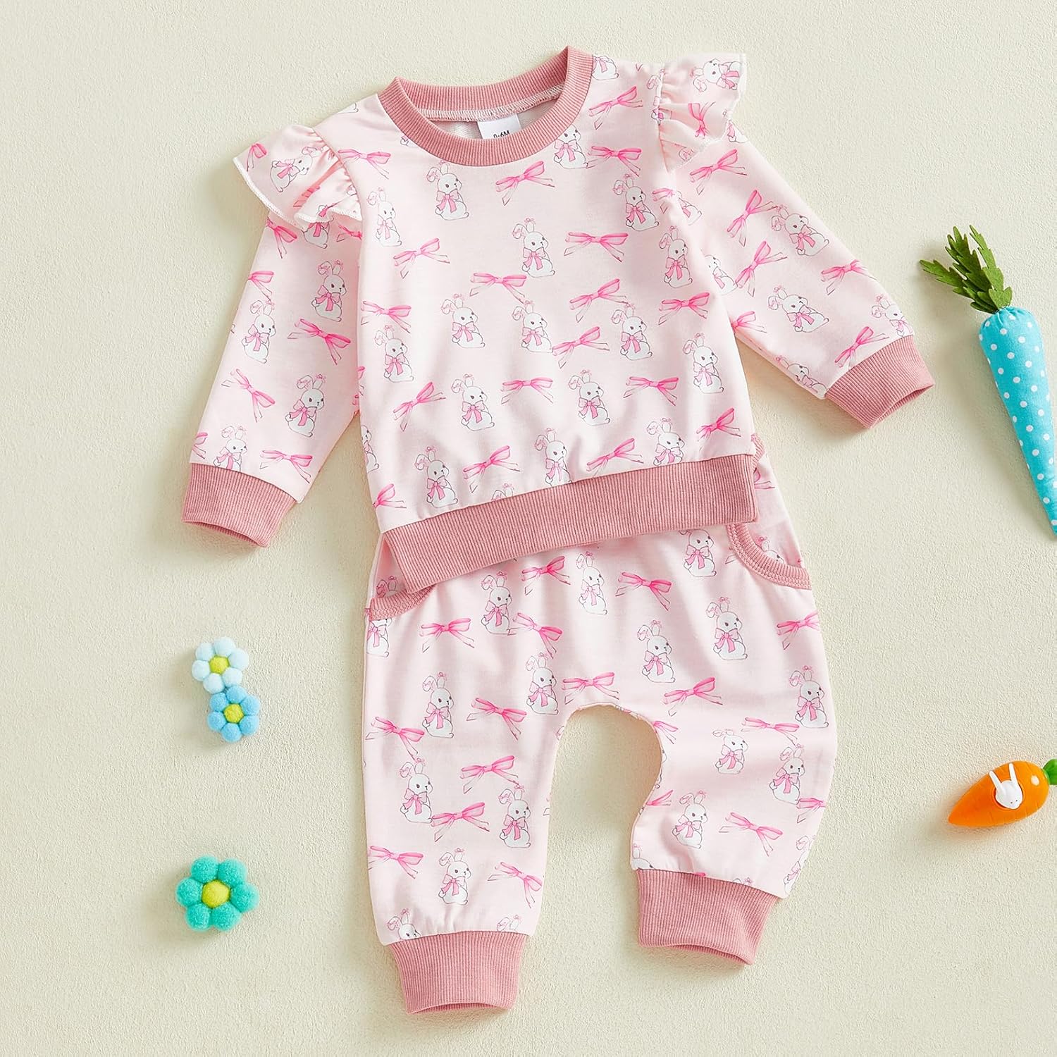 Toddler Baby Girl Valentines Outfit 3 6 9 12 18 24 Months Long Sleeve Sweatshirt Pants Set Cute Spring Clothes (Easter bunny-Pink, 18-24 Months) - Image 2