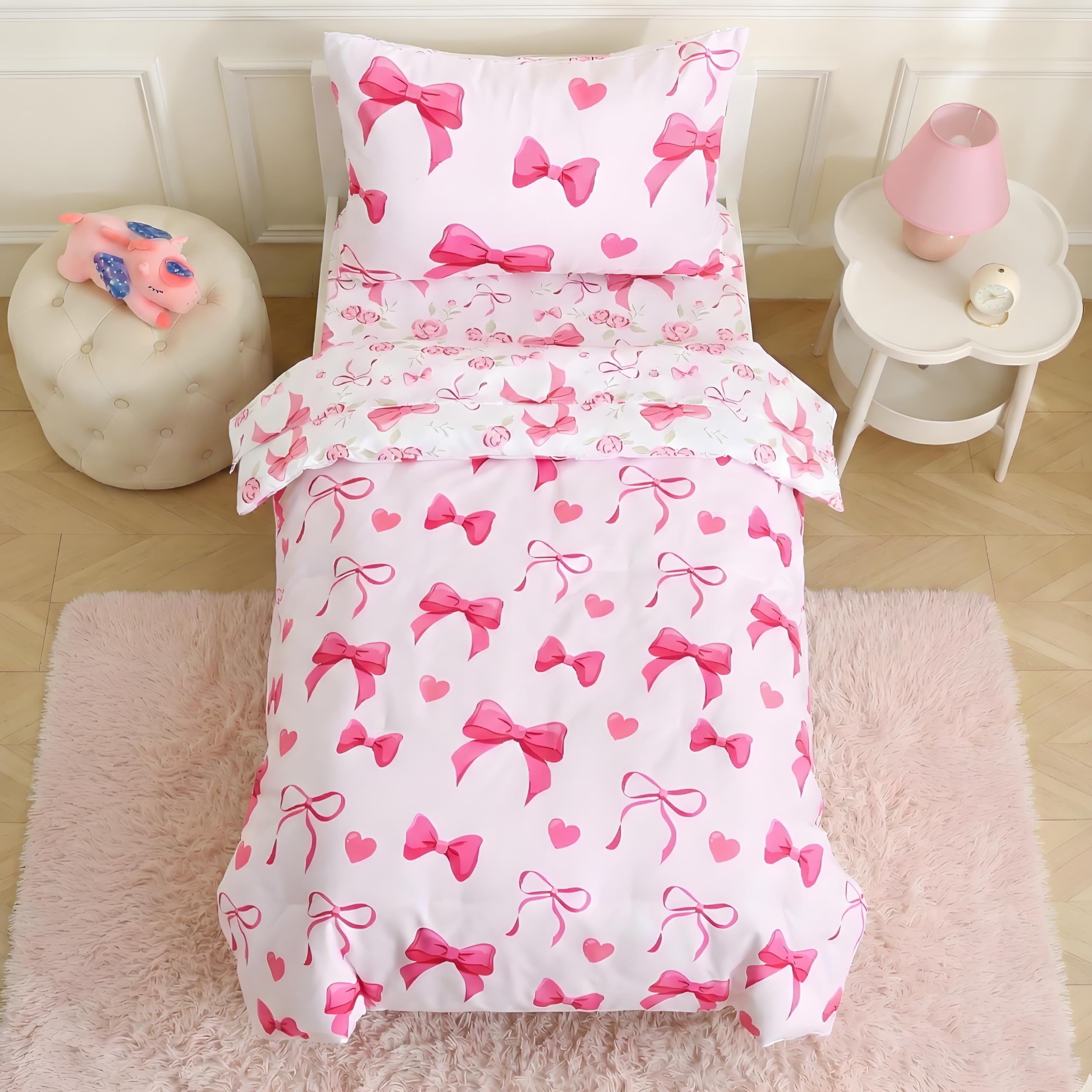 JQWUPUP Bow Heart Single Duvet Cover Set for Girls, Reversible Vintage Rose Bow Kids Pink Bedding Set 135x200cm, Soft Microfiber Bed Set with Zipper