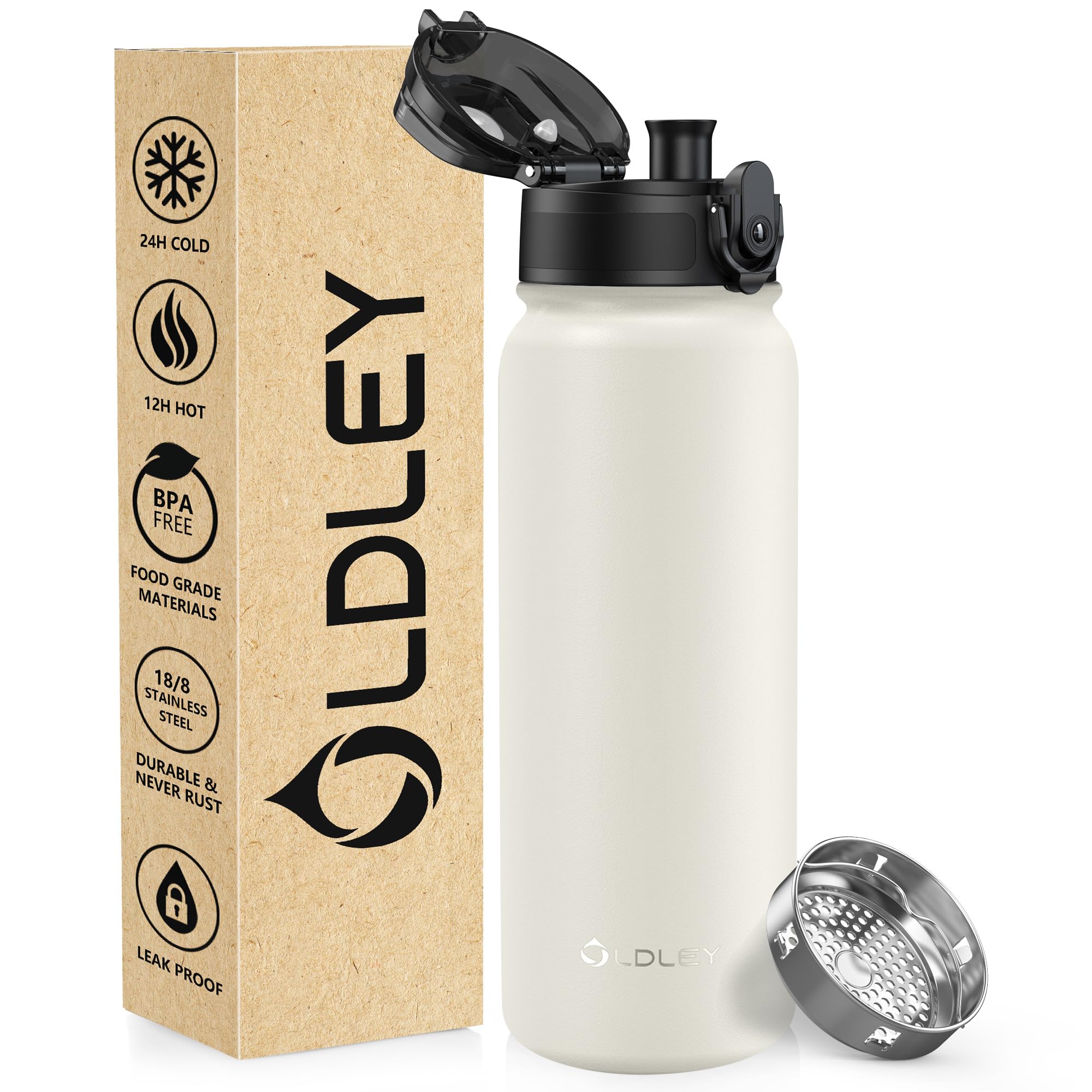 OLDLEY 600ml/20oz Stainless Steel Water Bottle Double Walled Vacuum Flask Keep Drink Hot and Cold Leakproof BPA Free 600ML Metal Insulated Water Bottle for Sport School Work Outdoor Hiking (Cream) โ image 1
