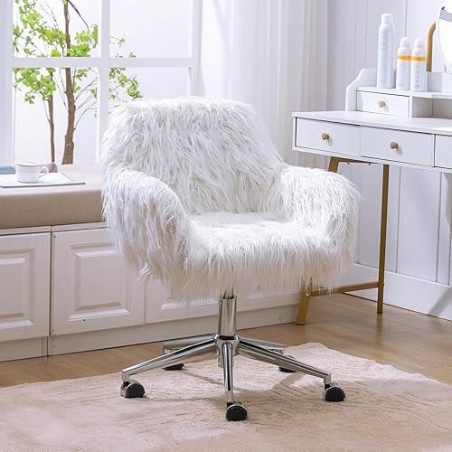 Miniatura 60 de Silla moderna de peluche para oficina en casa, bonita silla de escritorio tapizada con patas de metal dorado, silla giratoria ajustable con ruedas,