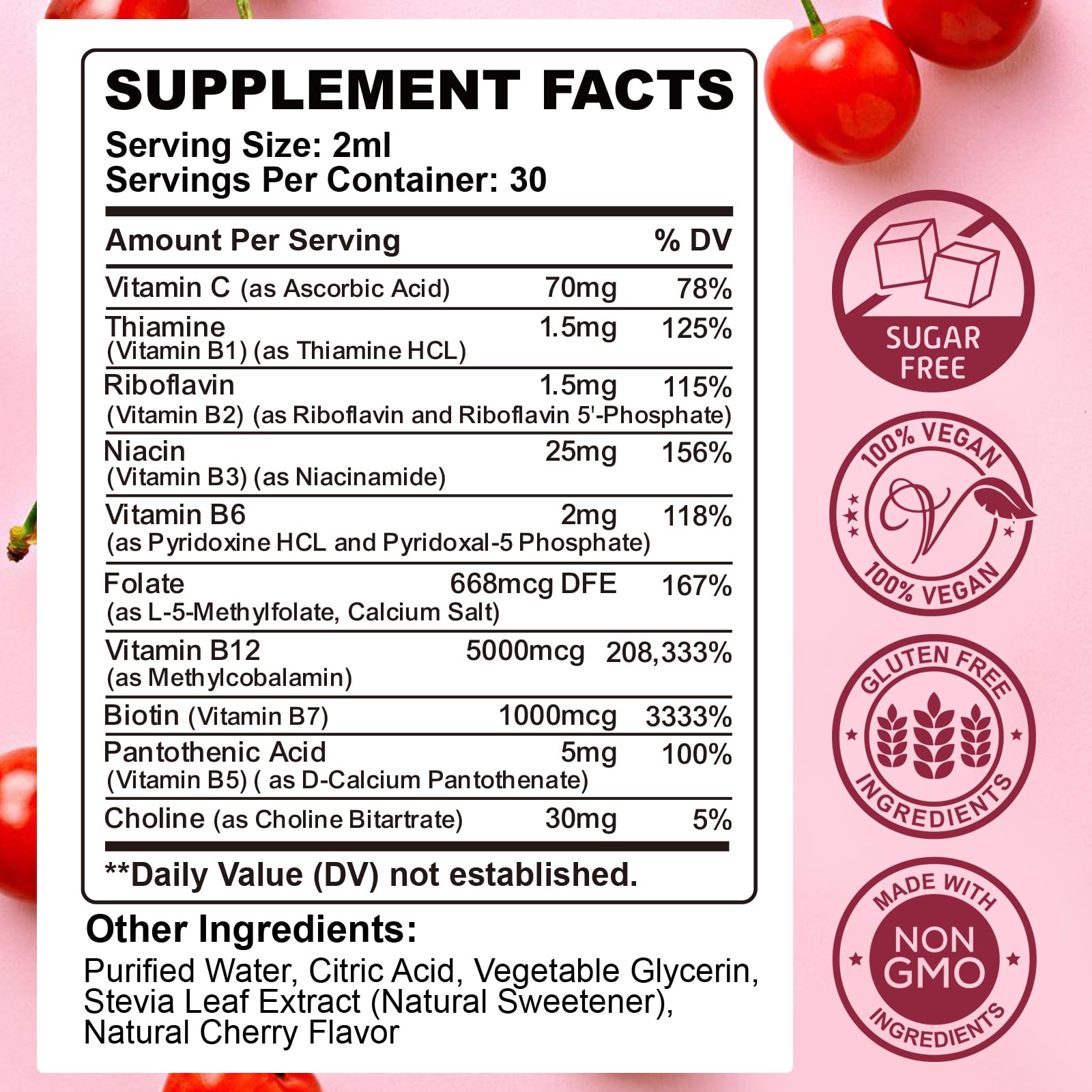 CFILIHTC Vitamin B Complex Liquid Drops, B Vitamins Complex Supplement with B1, B2, B3, B5 B6, B7, B9 & Methyl B12 Drops for Adults & Kids, Vegan, Cherry Flavor — Amazon image 2