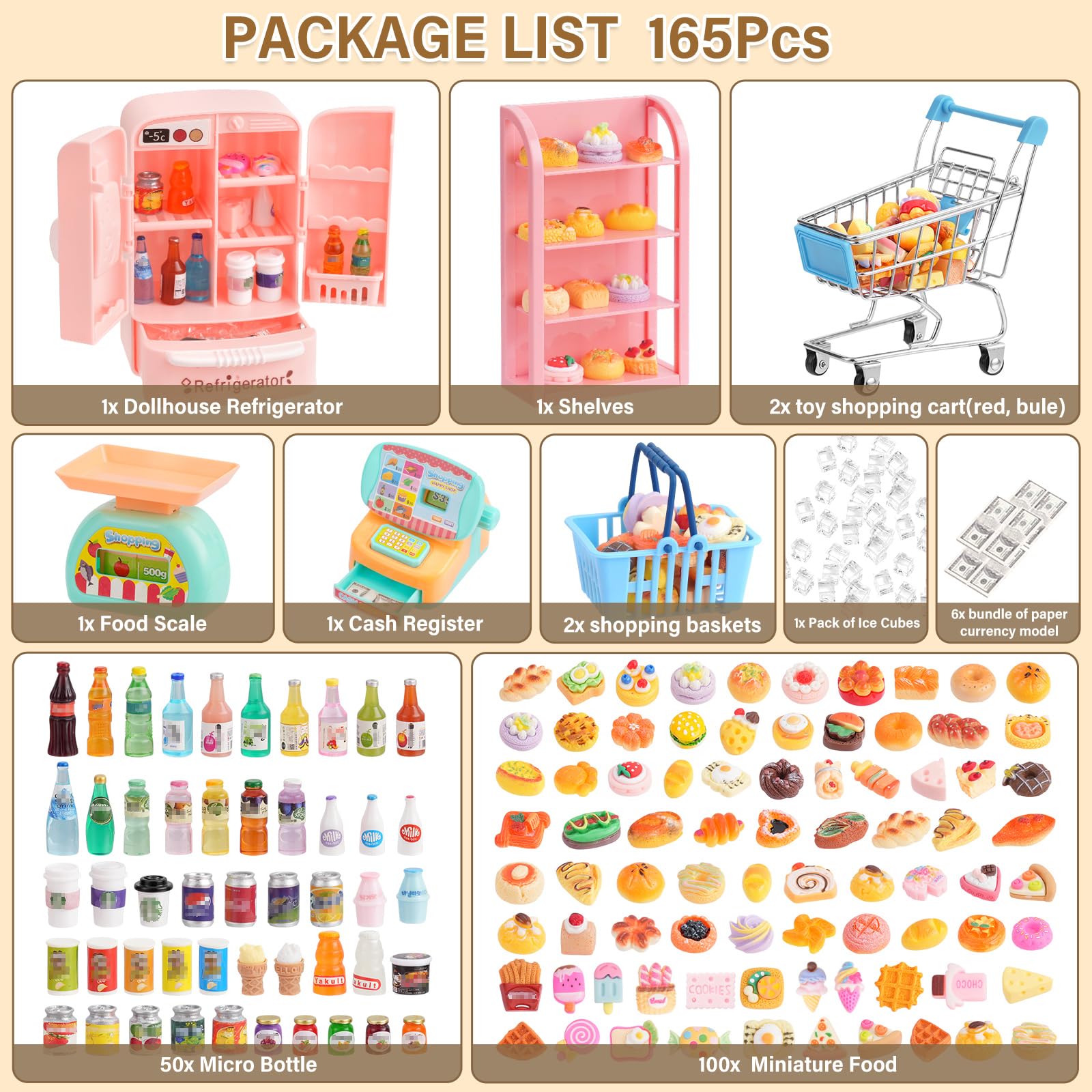 165 piezas de mini carrito y cesta de la compra en miniatura, juguete de alimentos y bebidas, supermercado, carrito de mano metálico, estantes, caja registradora, nevera, báscula de alimentos, carrito