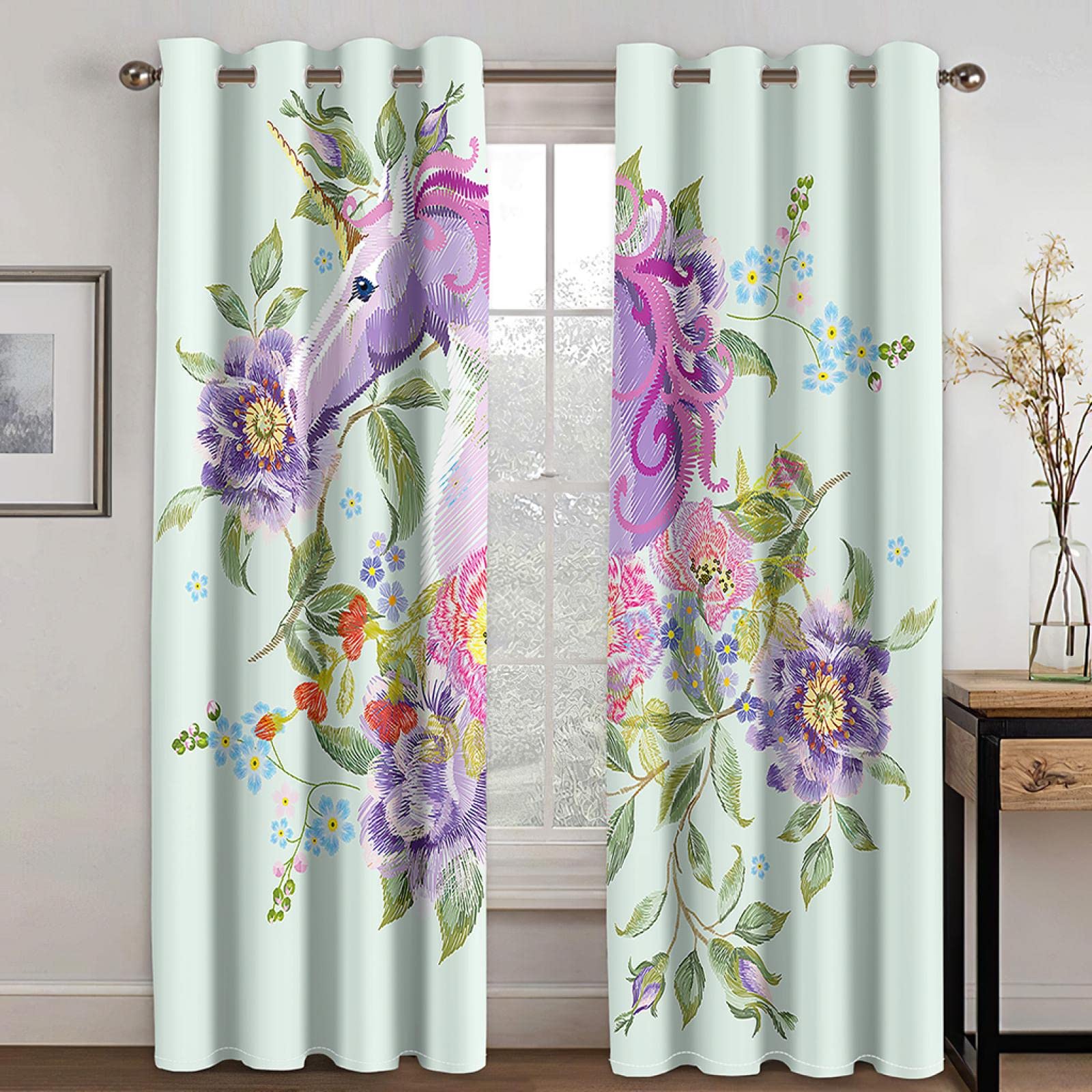 Rideaux occultants pour Enfants, Motif Licorne Violette, Magnifiques Rideaux occultants à œillets, Isolation Thermique, imprimés, pour Chambre d'enfant, Lot de 2 Panneaux, 220 x 215 cm