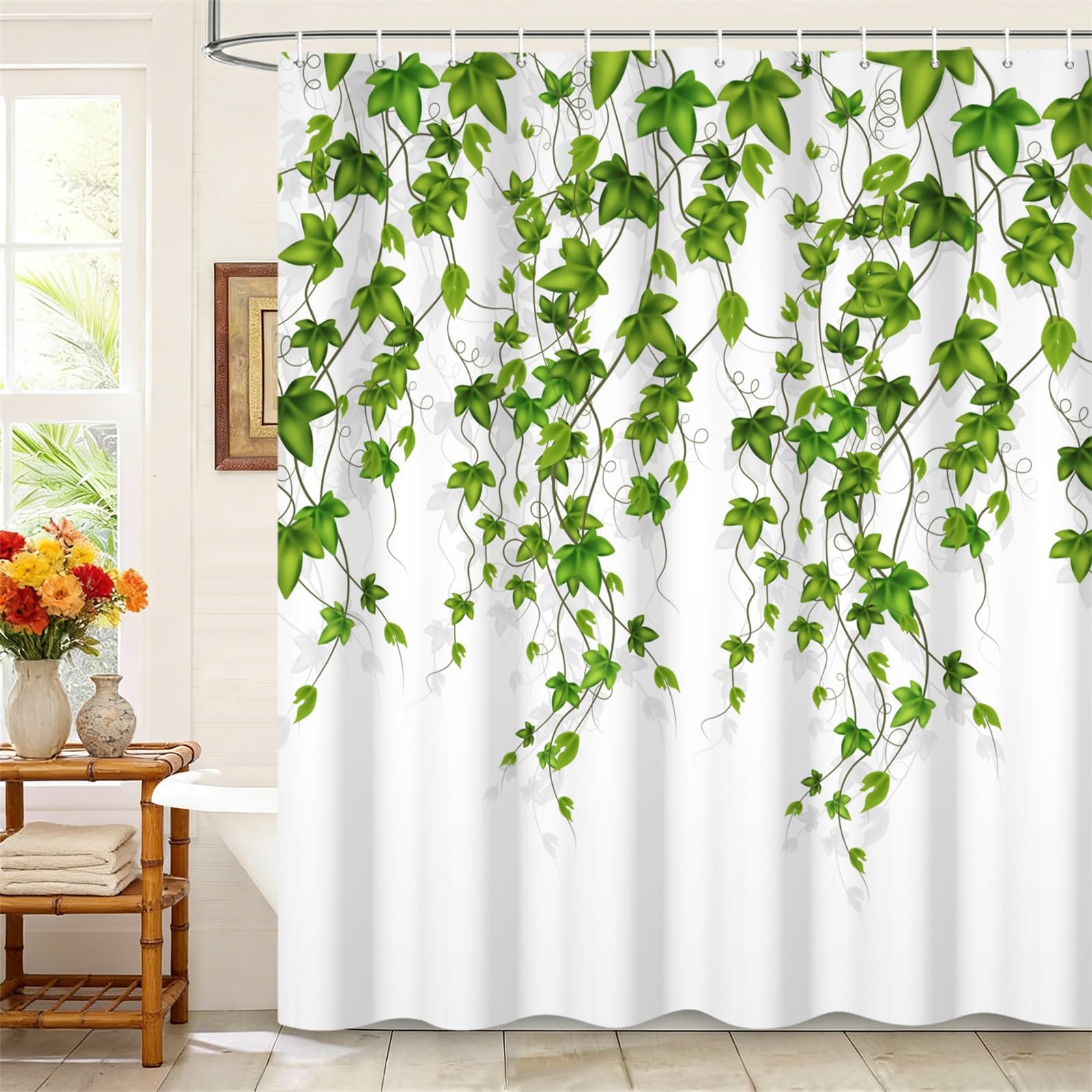 Kzzfqxb 180x180cm Shower Curtains with Hooks, White Background Hanging Vines Green leaves Plants Creepers Ivy Occluded Waterproof for Bathtub, Polyester Fabric Bath Bathroom Natural Decoration โ image 1