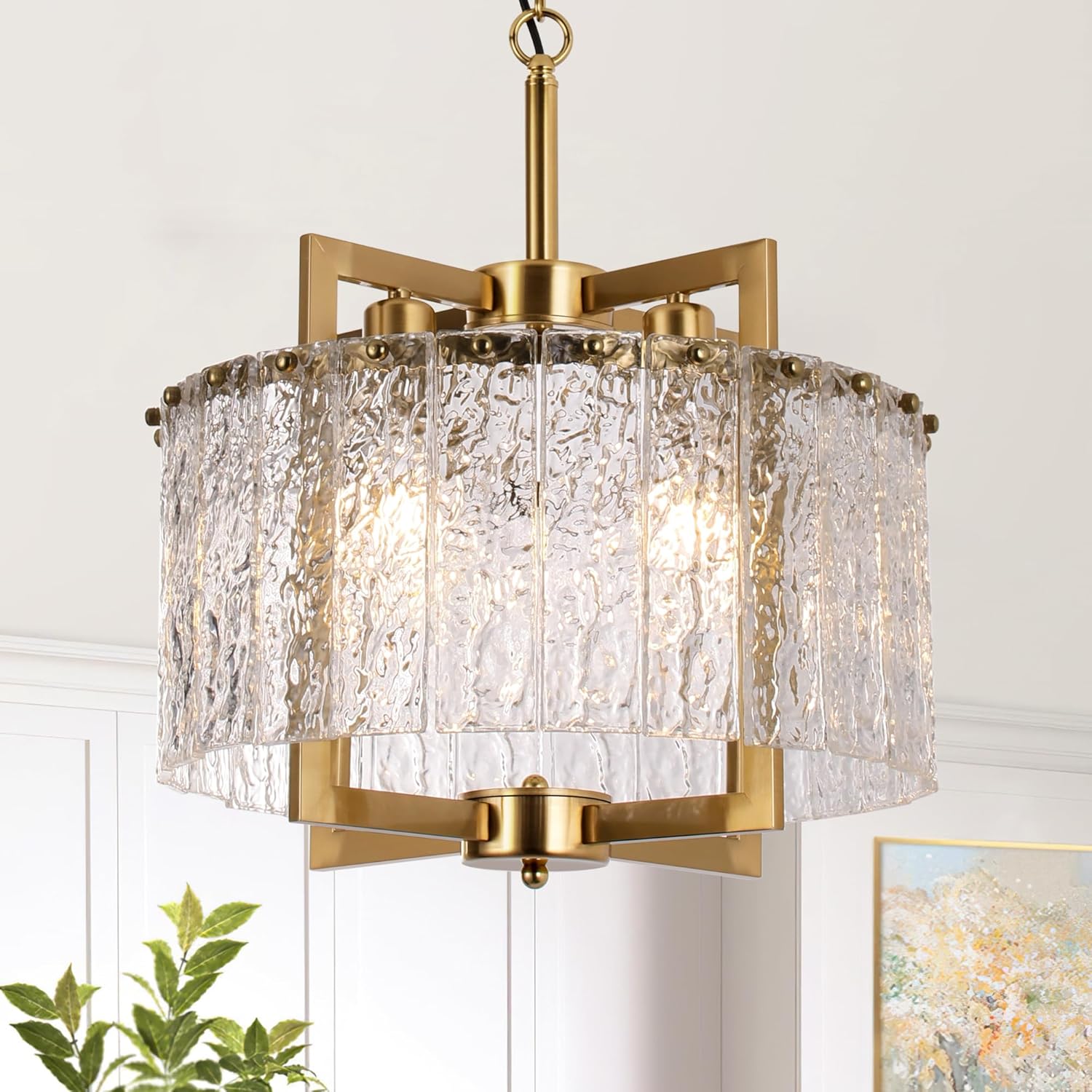 16" Gold Chandelier Light Fixture,Brass Pendant Modern Crystal Chandelier,Water Ripple Glass, Adjustable Height, Elegant Round Hanging Lighting for Kitchen Island Entryway Foyer Dining Room