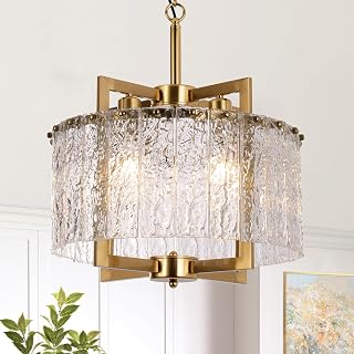 Gold Chandelier Light Fixture:Modern Crystal Glass Brass Pendant | 16",Water Ripple Glass,Adjustable Height,Slope/High Ceiling,Hanging Farmhouse Pendant Light for Dining Kitchen Entryway Foyer