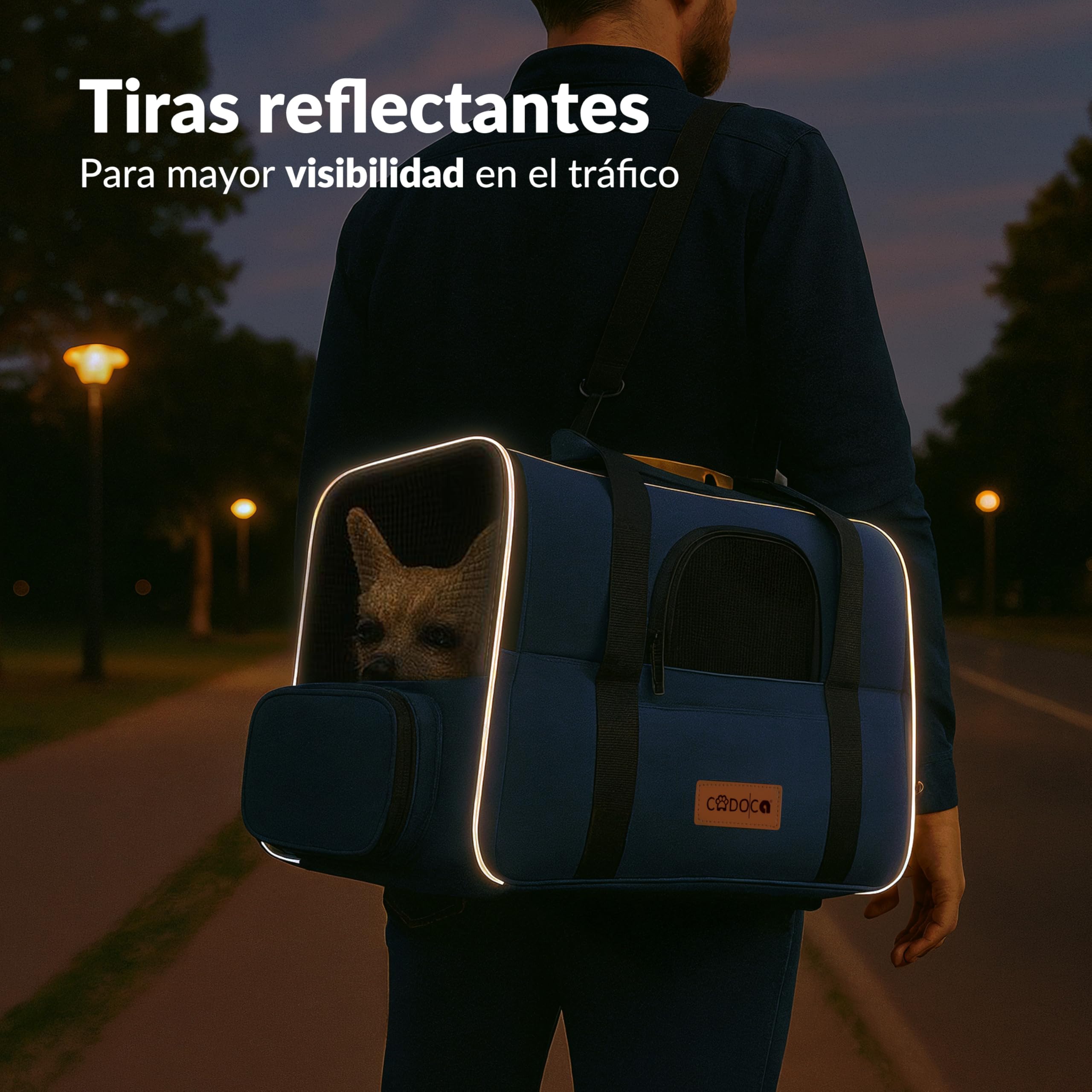 CADOCA® Transportín Perros Gatos Plegable Bolsa Transporte Mascotas Cojín Comedero Bandas Reflectantes Compacto Ligero Viajes Coche Tren Azul