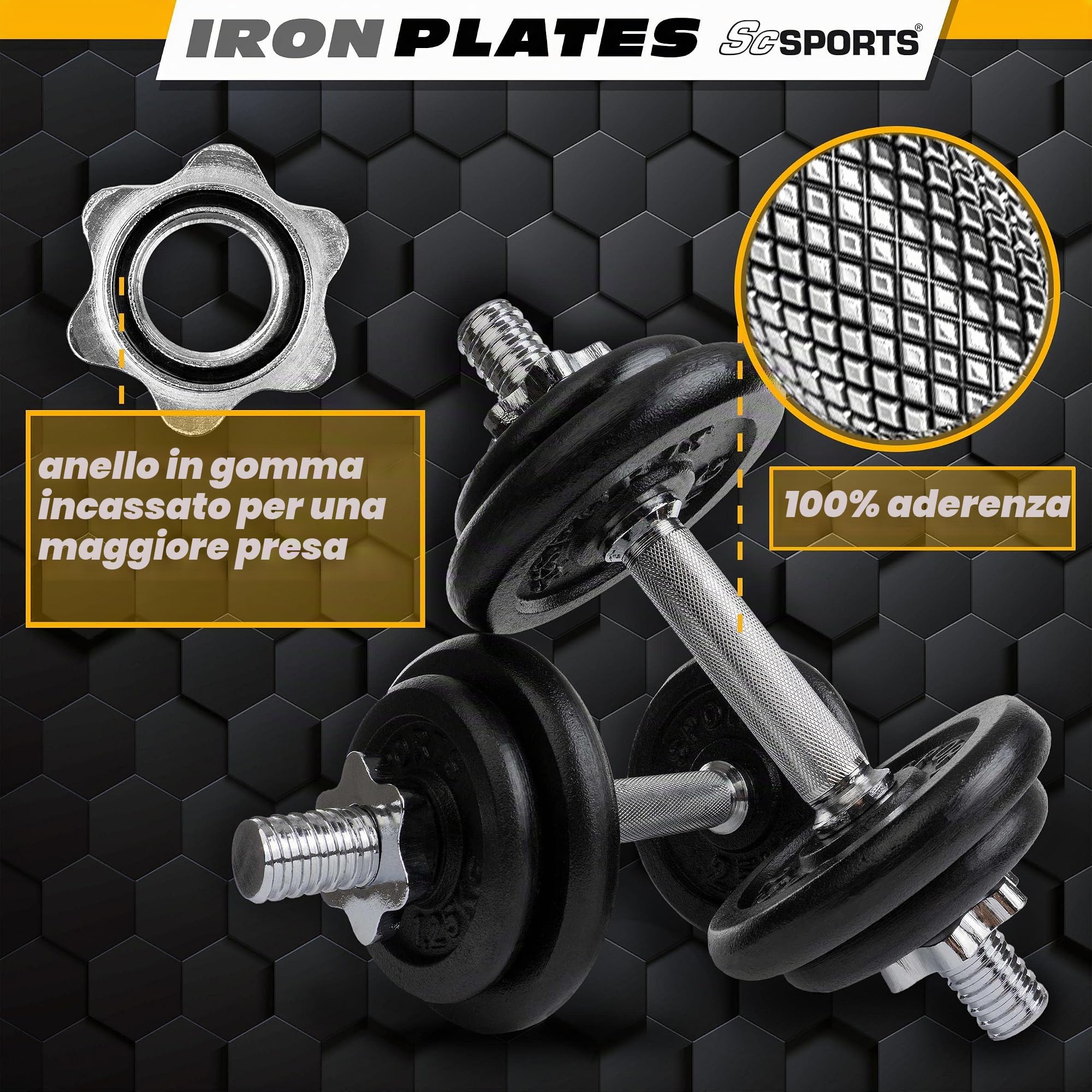 ScSPORTS® - Set di manubri Corti con Valigetta, 20 kg, 2 manubri da 30 mm e 8 Dischi (4 da 2,5 kg e 4 da 1,25 kg), manubri in Acciaio e Pesi in ghisa