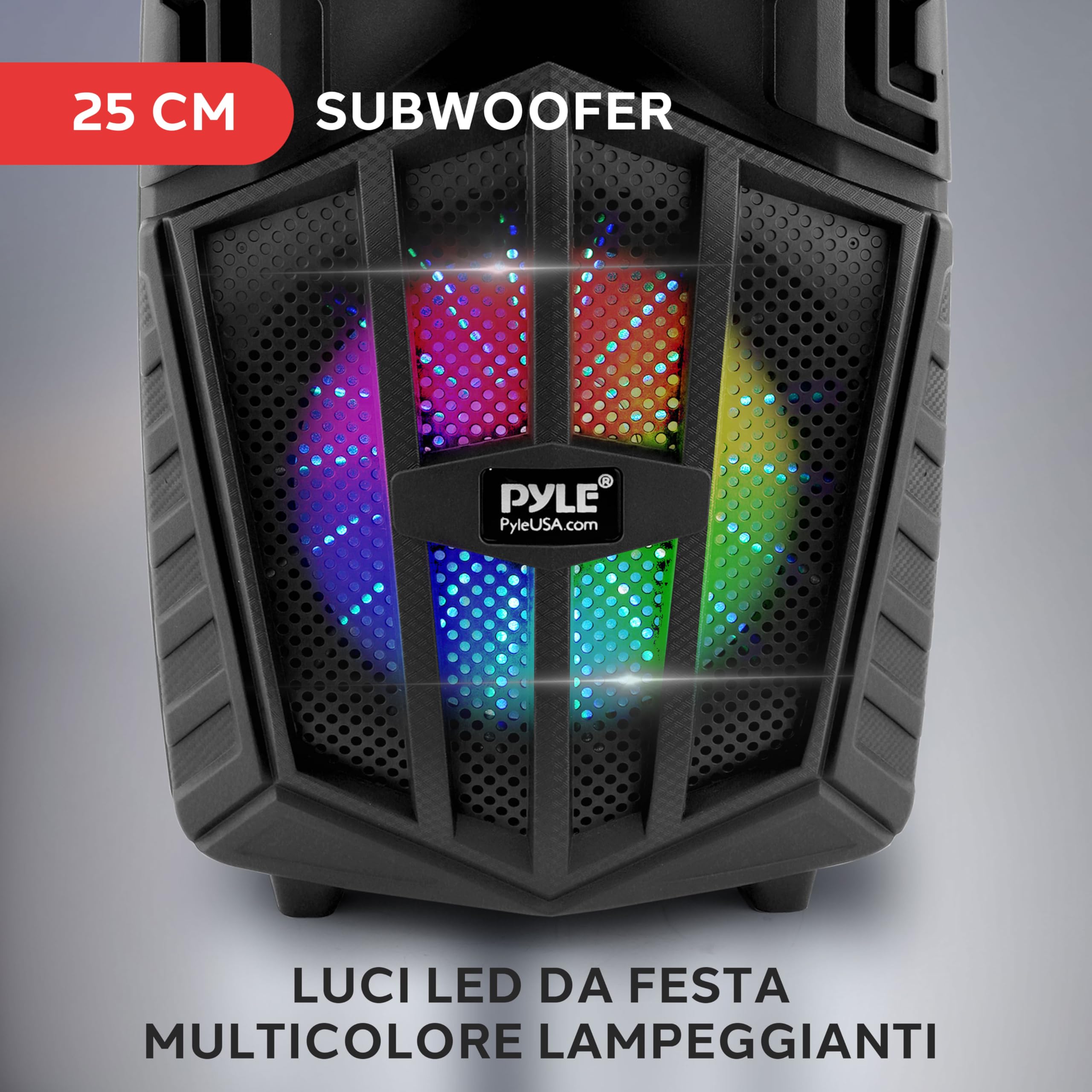 Pyle Cassa Bluetooth Portatile 680W, Altoparlante Bluetooth PA 25cm con Microfono Wireless, Ruote, TWS, Luci, Display LED, Ingresso Mic 6,5mm, FM/AUX/MP3/USB/SD