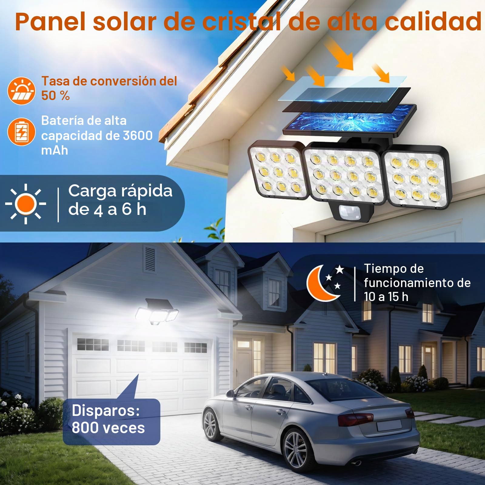 GEARLITE Luz Solar Exterior con Sensor de Movimiento 4 Piezas, Focos 120 LED Exterior Solares Potentes con 3 Modos, 3 Cabezas 270°Iluminación, IP65 Impermeable Lampara Solar Exteriores para Jardin