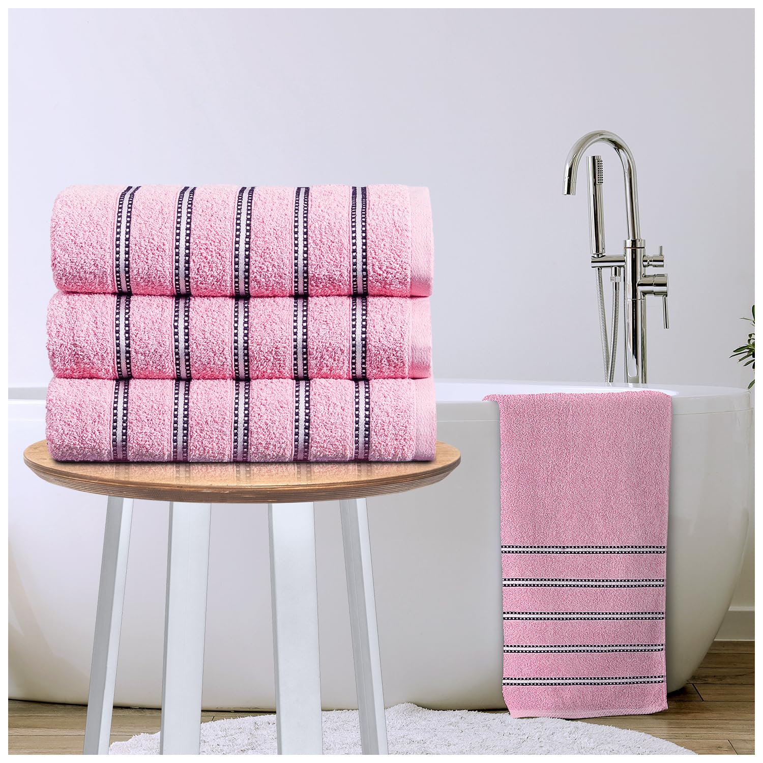 GC GAVENO CAVAILIA Stripe Bath Sheets Extra Large 3Pack | 600GSM Towels Bath Sheets Quick Dry & Water Absorbent Towels Set | Lightweight Hotel Quality Thick Cotton Towel Bath Sheet 90x150 Cm, Pink