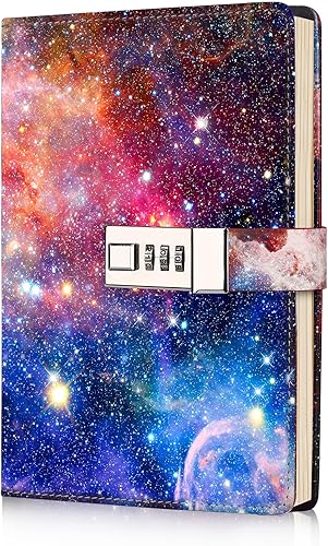 sayrrame Diario con candado para mujeres y niñas, diario Galaxy con candado para escribir, cuaderno recargable de cuero secreto A5 con Lcok, 192