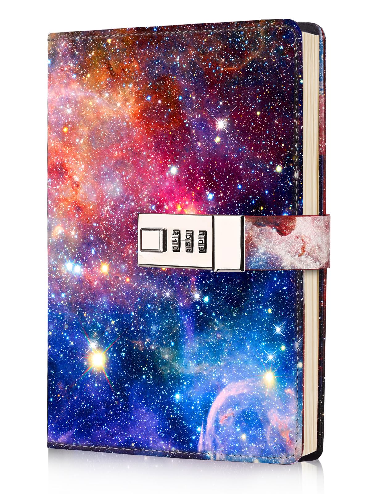 sayrrame Diary with Lock for Women Girls, School Supplies, Galaxy Journal with Lock for Writing, A5 Secret Leather Refillable Notebook with Lcok, 192 Pages, 8.6x5.8 in
