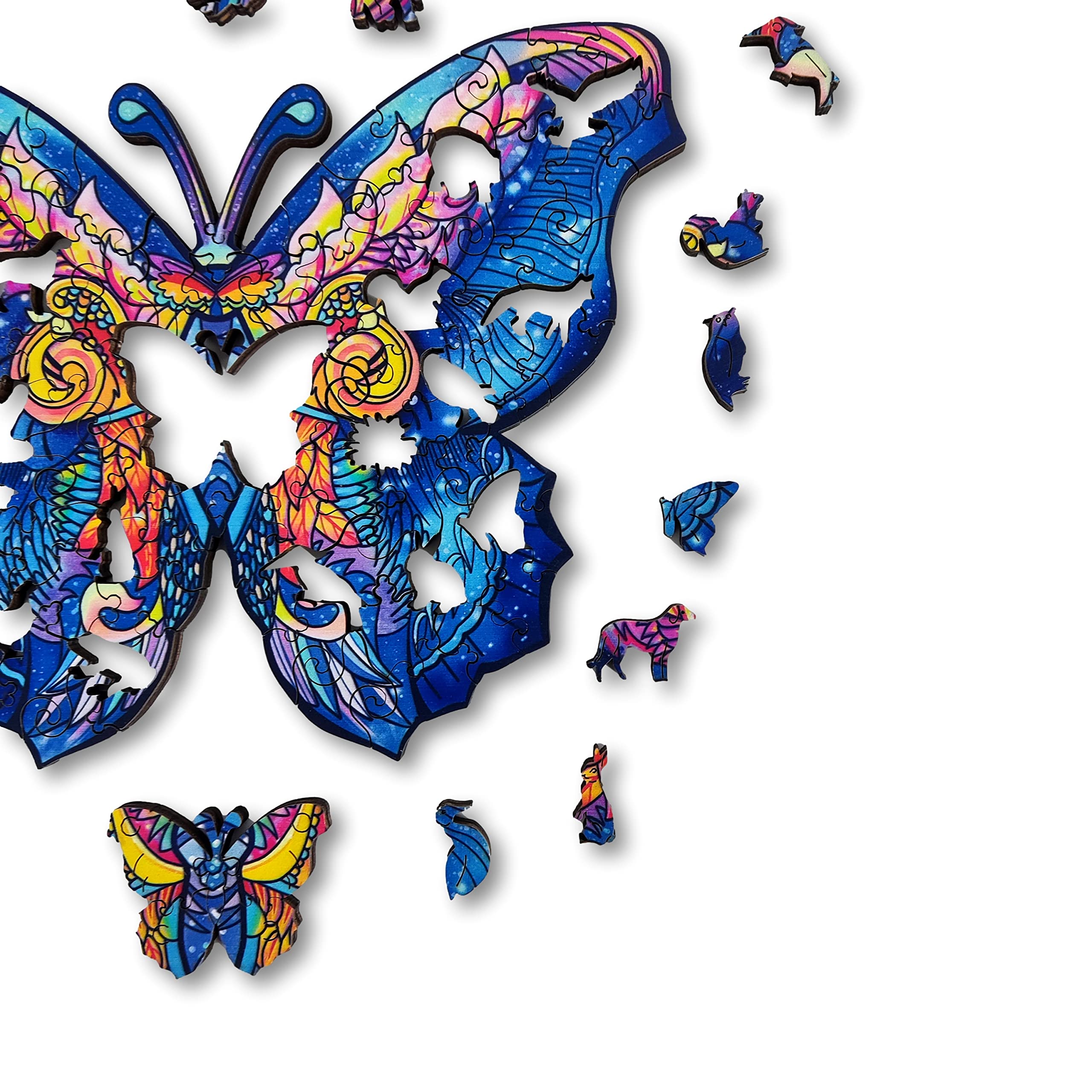 ANIWOOD Puzzle de Madera de Animales. Tapa troquelada, Caja a tamaño Real del Puzzle. 3 modos de dificultad, elemento decorativo. Piezas únicas originales de Animales (Large, Mariposa)