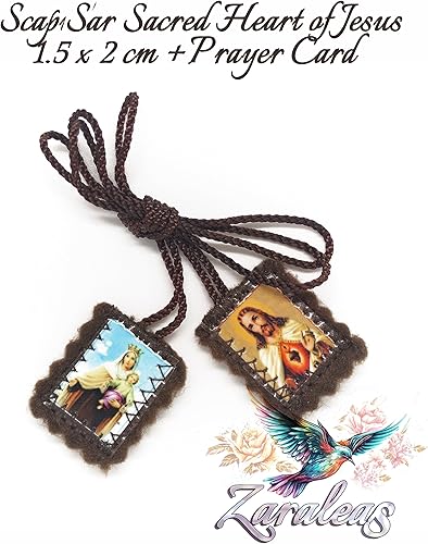 Miniatura 2 de Escapulario Católico Marrón Lana Rectangular Icono Hecho a Mano Corazón Sagrado de Jesús con Nuestra Señora Monte Carmelo por Zaraleas