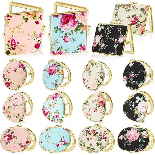 Agolctry 16 Pcs Compact Mirror Bulk Mini Mirror for Purse Small Pocket Mirror for Women Girls Floral Tea Party Favors for Makeup Travel Wedding