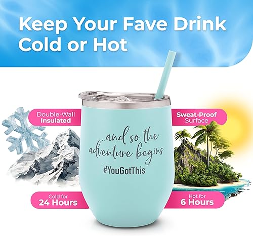 Miniatura 2 de and So The Adventure Begins - Vaso de vino aislado personalizado con tapa, taza de viaje aislada de acero inoxidable con pajilla, graduación,