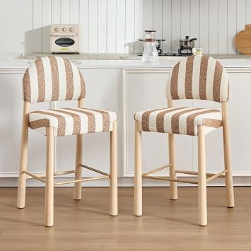 ONEVOG 26.4" Counter Height Wooden Bar Stools Set of 2, Modern Upholstered Barstools with Natural Solid Wood, Arched Back, Wide Cushion Seat, BOHO Linen Counter Chairs for Kitchen Islands, Pub, Bistro