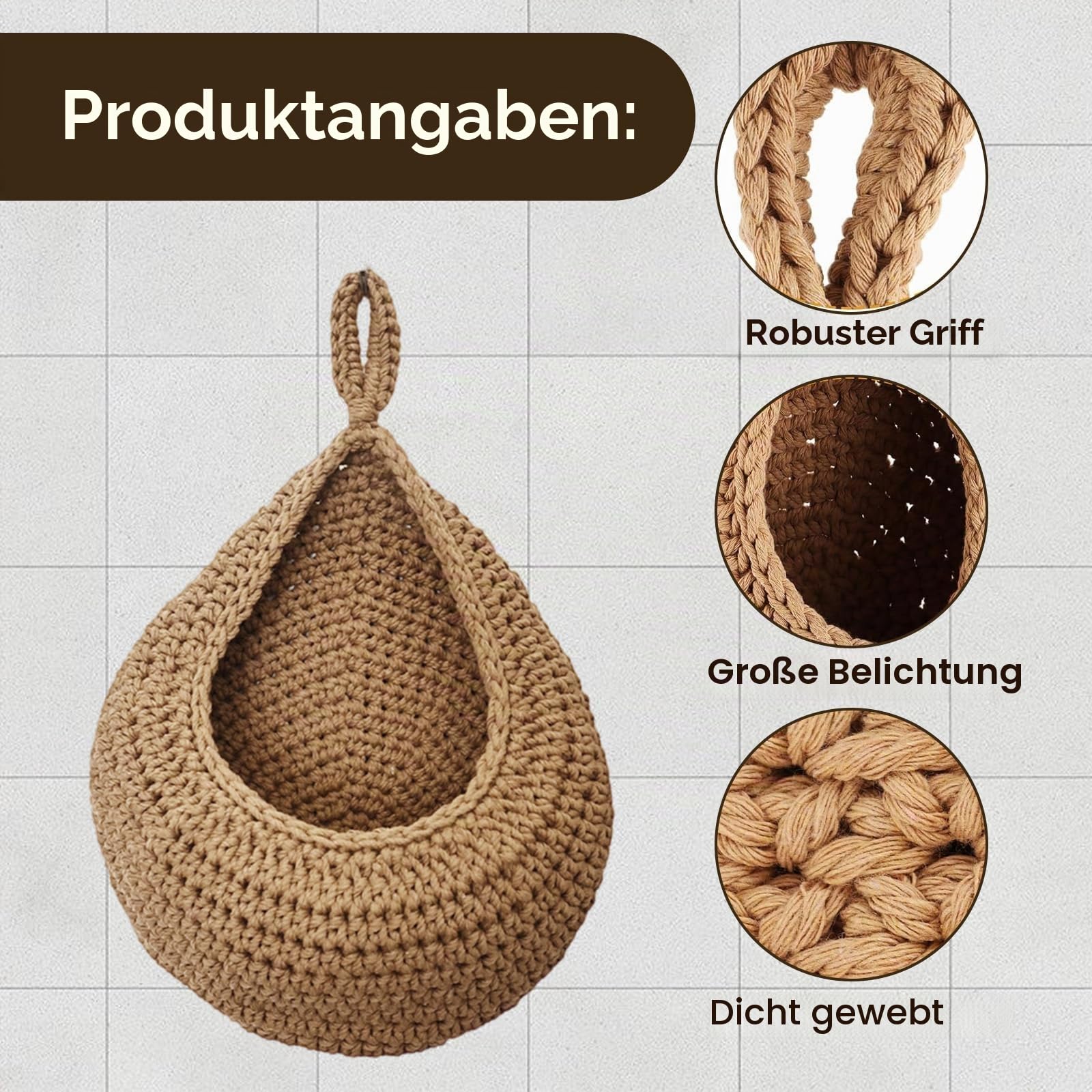 4 Stück Hängekorb Wandkorb Hängend, Geflochtener Korb zum Aufhängen mit Wandaufkleber und Haken für Aufbewahrung von Obst und Gemüse, Organisieren und Dekorieren