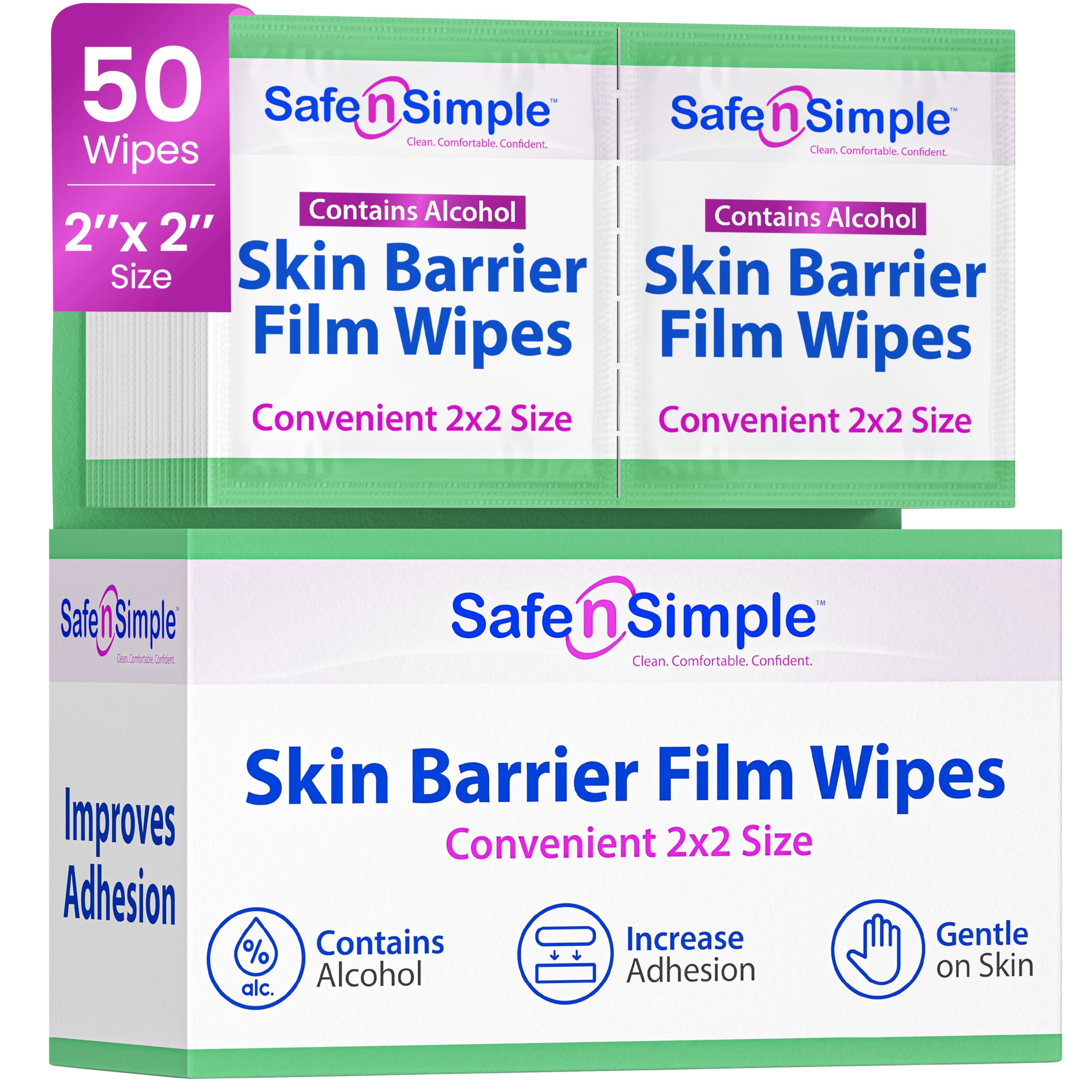 Safe n' Simple Skin Barrier Wipe with Alcohol - 50 Individually Packaged Wipes 2"x2" - Ostomy Sterile Skin Prep Pads - Skin Barrier Film Wipes for Ostomy - Alcohol Stoma Barrier Prep Pads