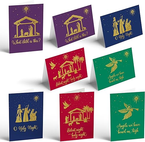 Better Office Products Paquete de 50 tarjetas de Navidad religiosas con detalles de lámina dorada en relieve, 5 x 7 pulgadas, alto brillo, saludo