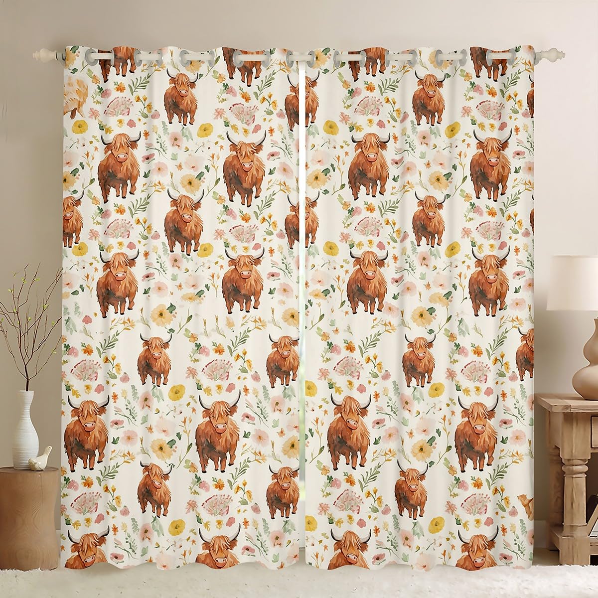 Feelyou Highland Cow Curtains for Bedroom Living Room Kids (2 Panels, 42 x 90 Inch) Animal 30%-50% Room Darkening Blackout Curtain Western Decor Darkening Dreapes Straw Yellow Window Treatments
