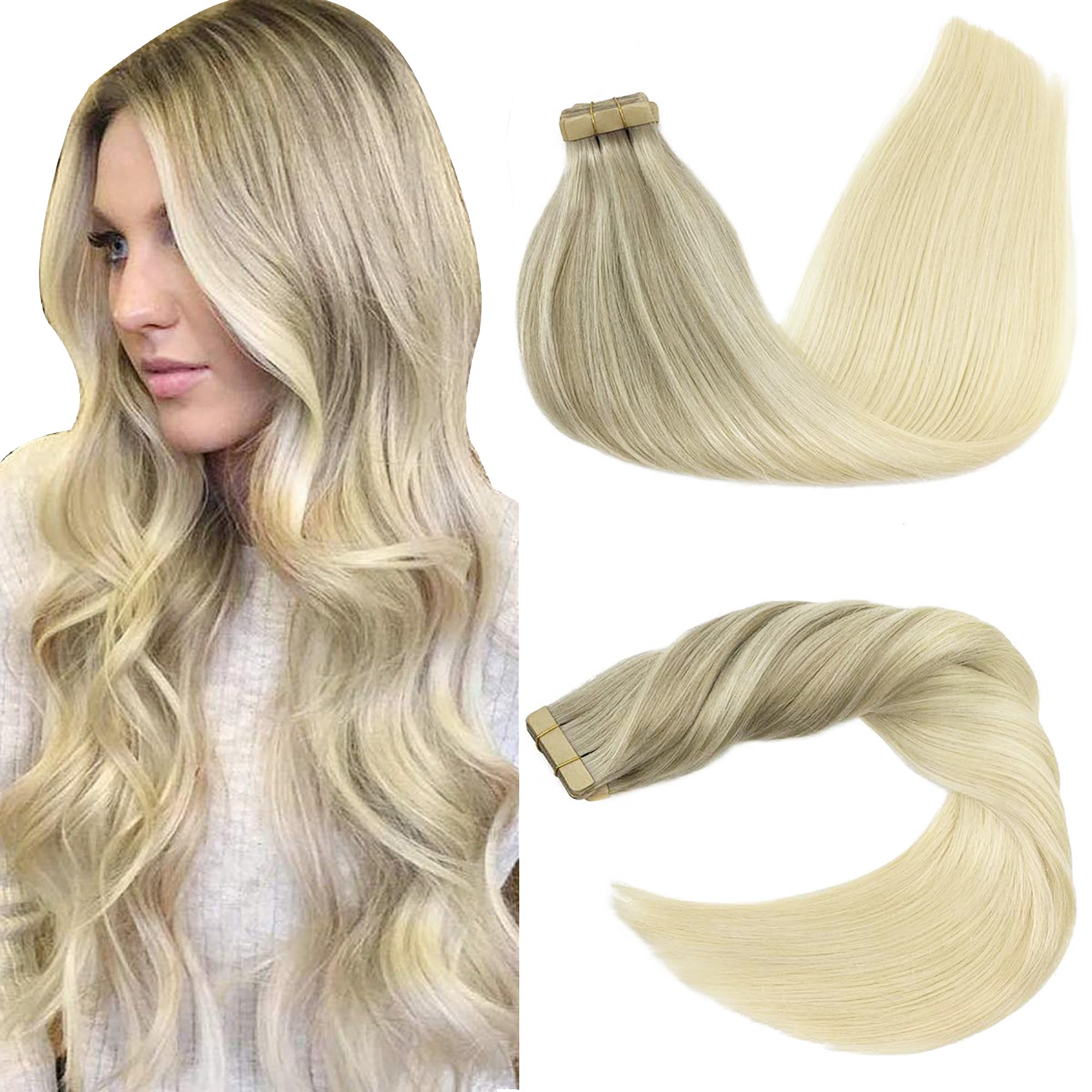 GOO GOO Tape in Hair Extensions Human Hair, 20pcs 50g 16inch, Balayage Chocolate Brown to Strawberry Blonde Real Remy Hair Extensions Seamless Straight Human Hair Extensions — view 20