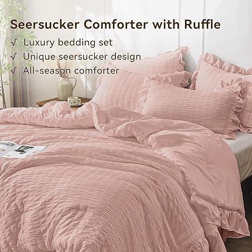 Miniatura 80 de JOLLYVOGUE - Juego de edredón tamaño queen, de 3 piezas, estilo seersucker, ligero y esponjoso para todas las estaciones, con 1 edredón con volantes