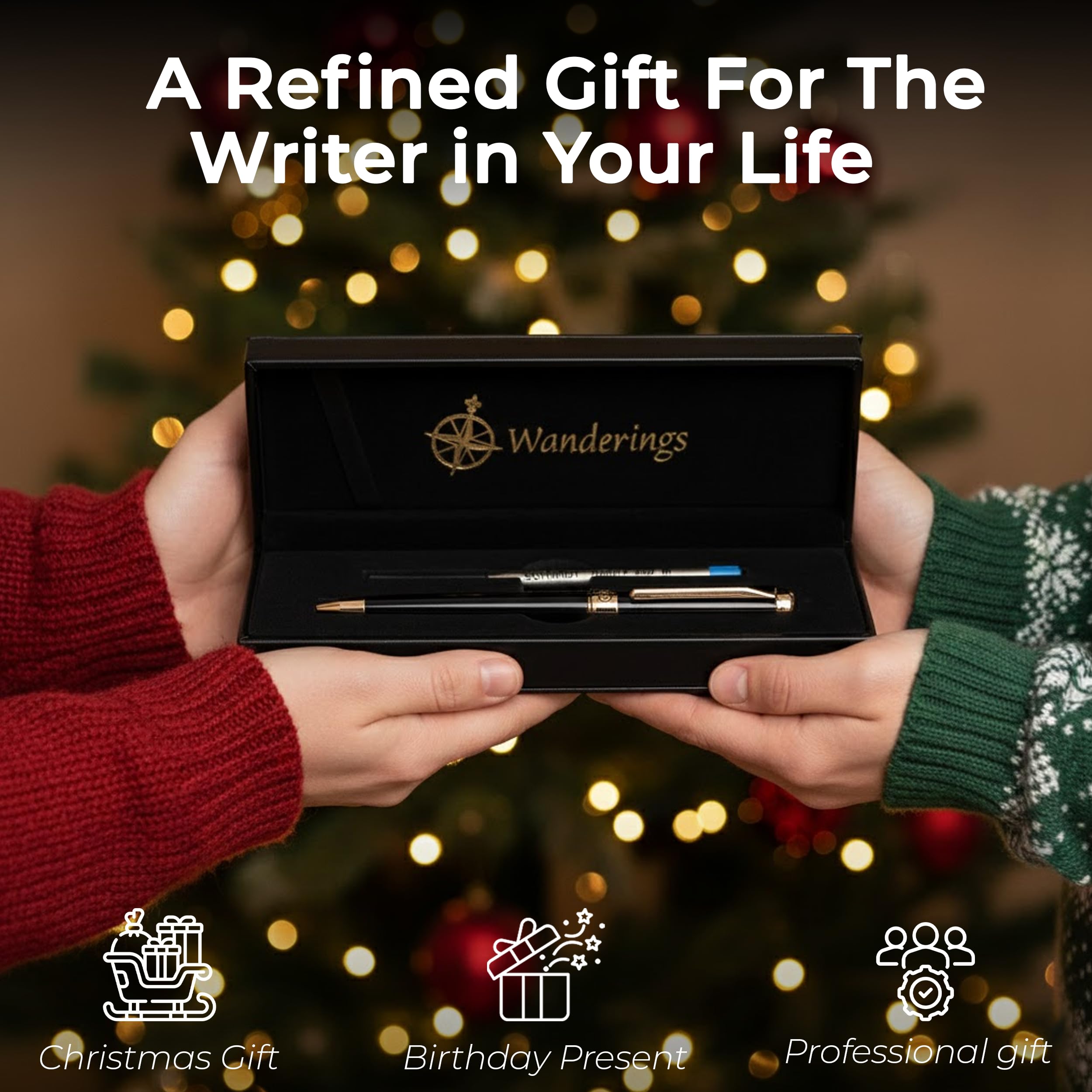WANDERINGS Bolígrafo Rollerball Premium con Tinta Alemana – Escritura Sobresaliente, 24K Chapado en Oro – Negro Piano – Incluye un Recambio Schmidt en un Estuche de Presentación para Regalo