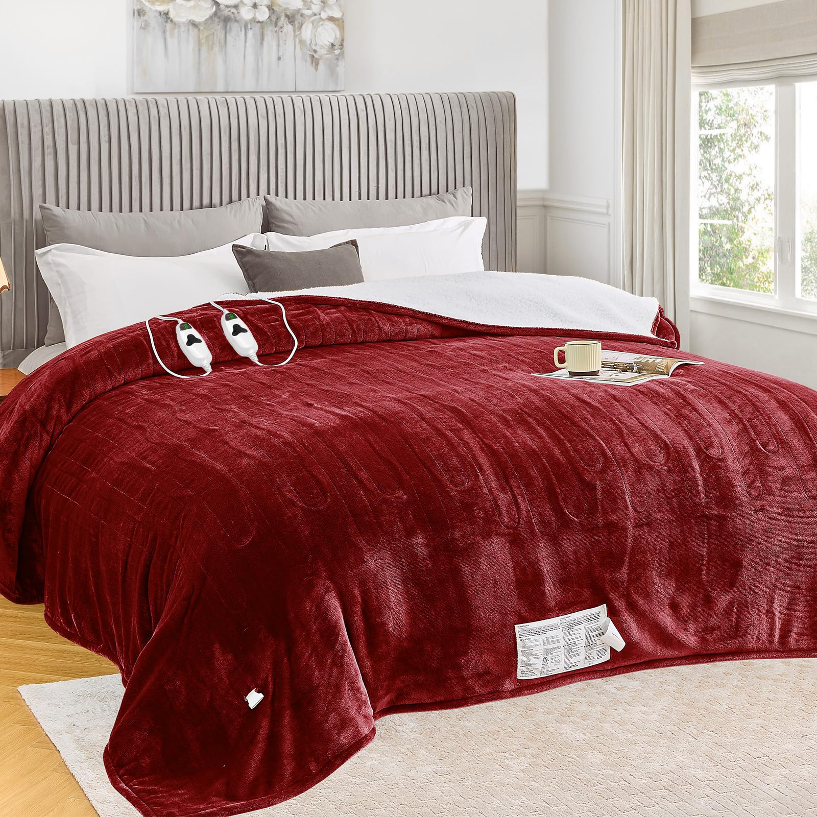 greenoak Heated Blanket Electric King Size 100"X90" Dual Control, Heating Blanket 10 Levels 1/2/4/6/8 Hours Auto-Off, Soft Sherpa Warm Christmas Blanket, Red