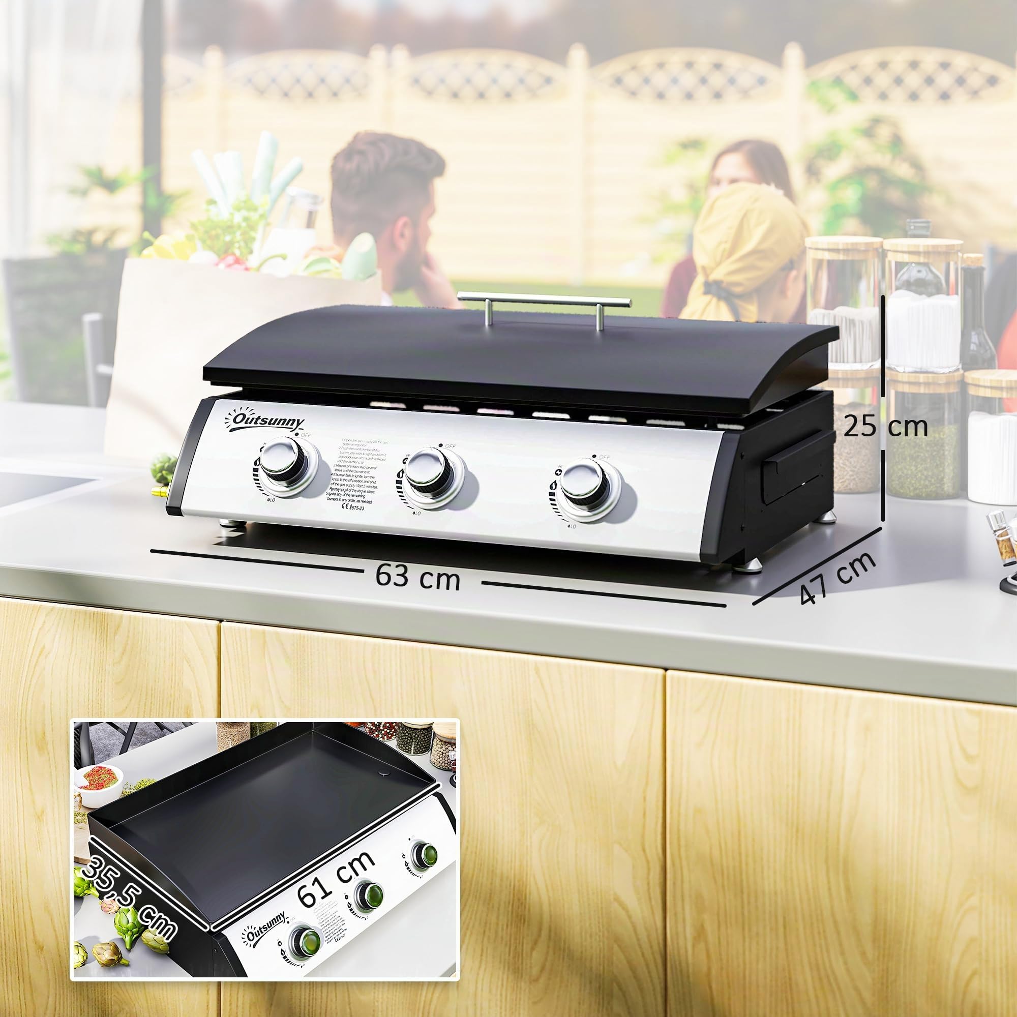 Outsunny Plancha Gaz 3 Brûleurs 7,5kW avec Couvercle Surface 61x35,5cm Noir | Gaz Liquéfié/Propane, Portable pour Extérieur, Jusqu'à 6/8 Convives