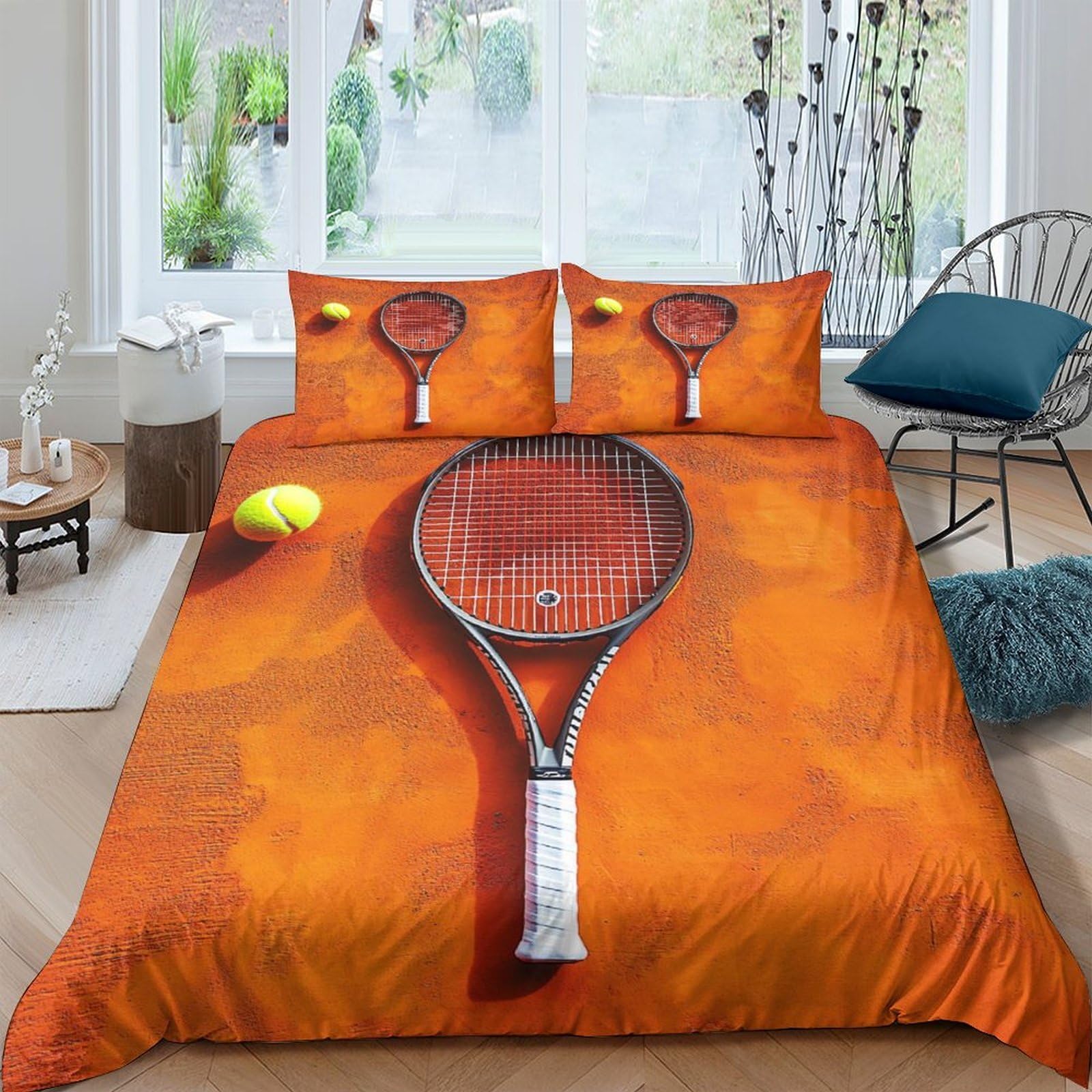 GPLZQXKJNH 3D Printed Tennis Court Duvet Cover Microfiber Soft Breathable Racket Ball Bedding Set with 2 Pillowcases for Bedroom Decor Single（135x200cm）