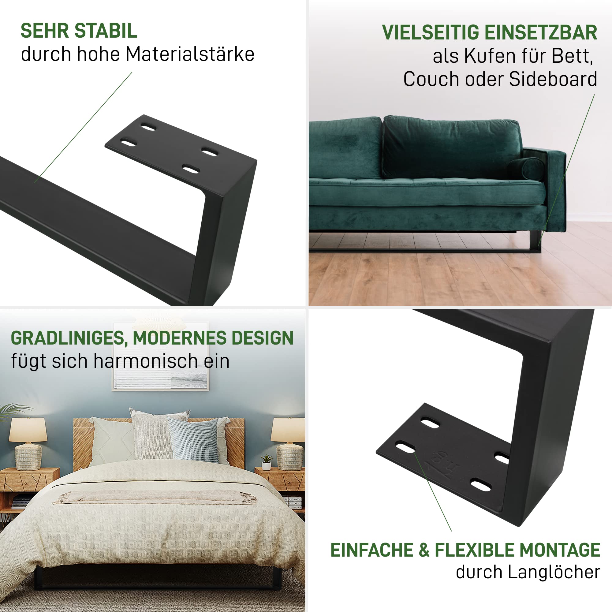 Natural Goods Berlin 2X Bettkufen RECHTECK Design Bettbeine, Stabiler und belastbarer Unterbau, massiver Bettbeschlag, Stahl Konsole, geeignet für Bett, Couch, Sideboard und Sofa (180cm, Schwarz)