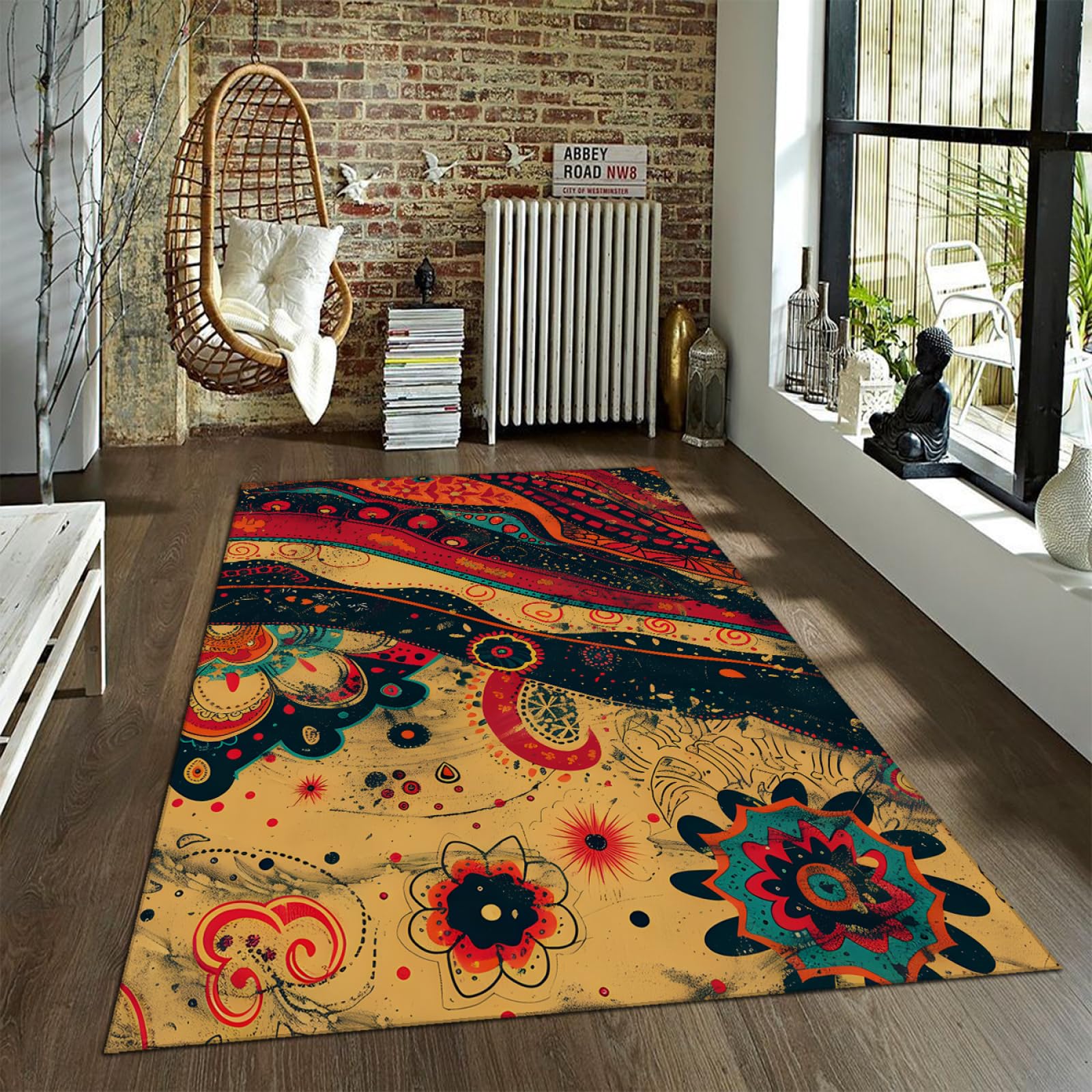 Tapis lavables neutres 160x200cm pour chambre à coucher au motif rétro abstrait
