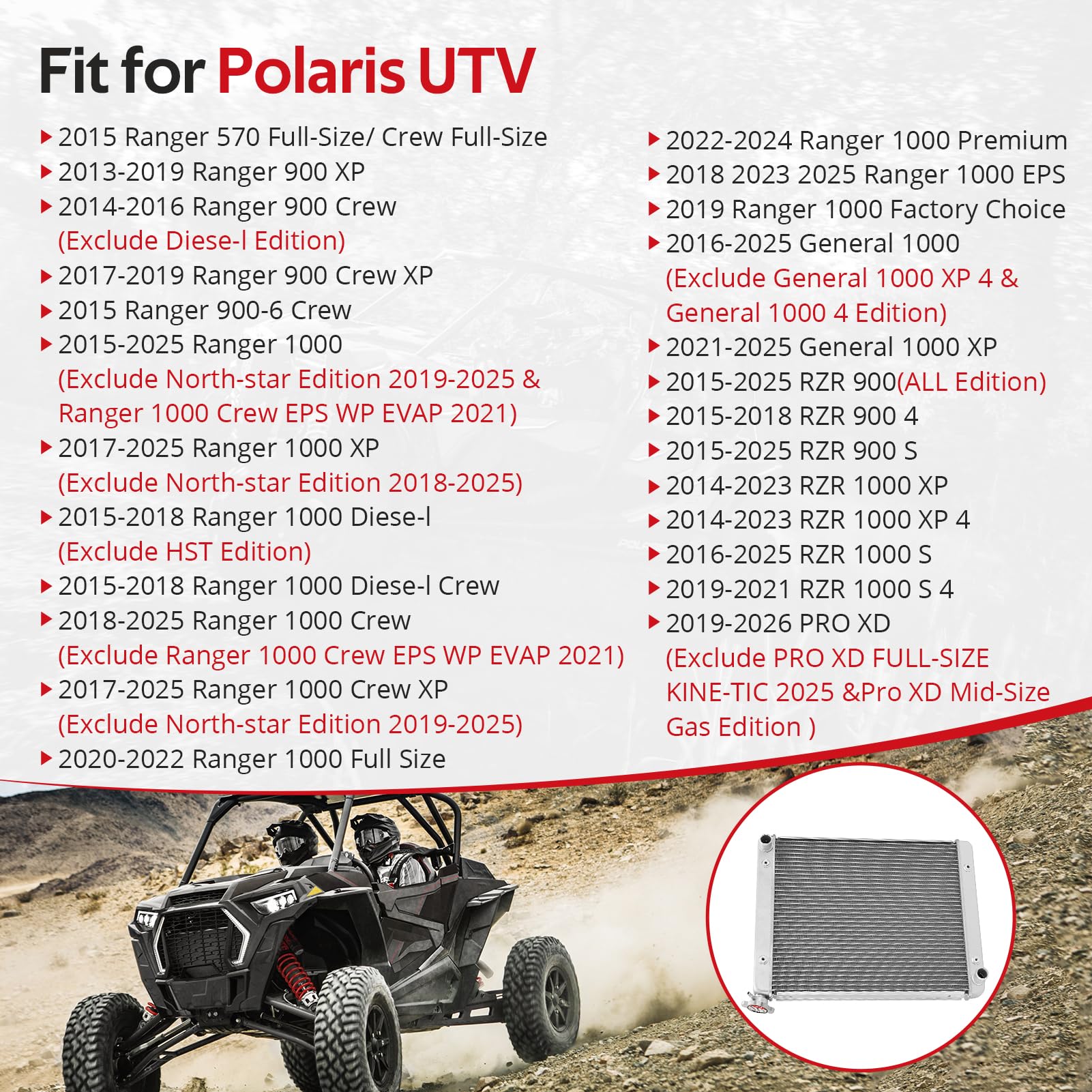 JAVIK Radiateur pour Polaris Ranger RZR 570 900 1000 PRO XD 2013-2025, OEM # 1240745 1240664 1241050