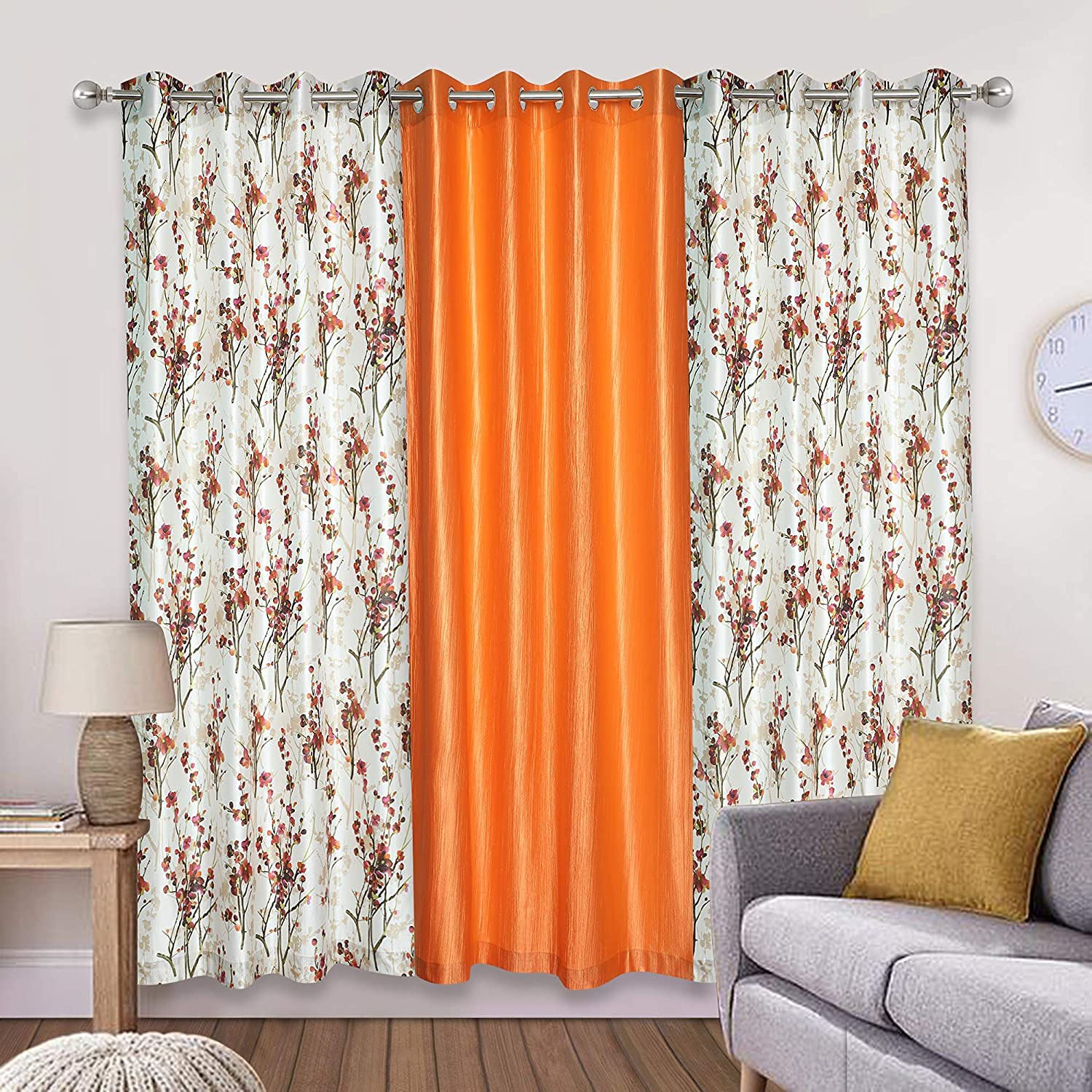 GRIHSHOBHA Heavy Polyester Light Filtering Floral Curtains for Window 5 Feet Solid Living Room Bedroom Curtain, 5 Feet Long, Orange, Set of 3 (B09817DX4P) Amazon Price History, Amazon Price Tracker