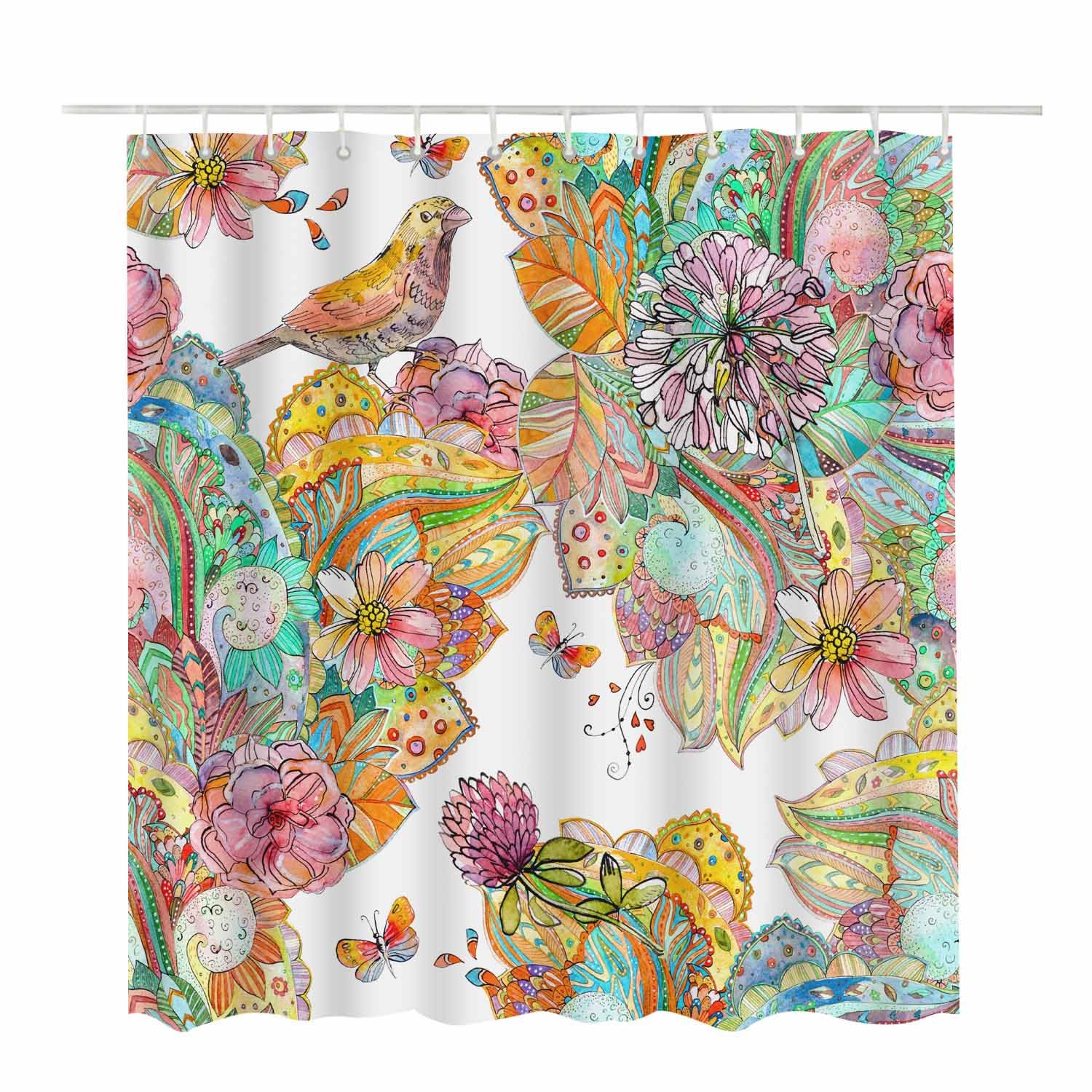 Woutay Shower Curtain Mould Proof Resistant Colorful Flowers and Bird,Water Repellant Fabric,Polyester,with 12 Plastic Hooks - Image 2