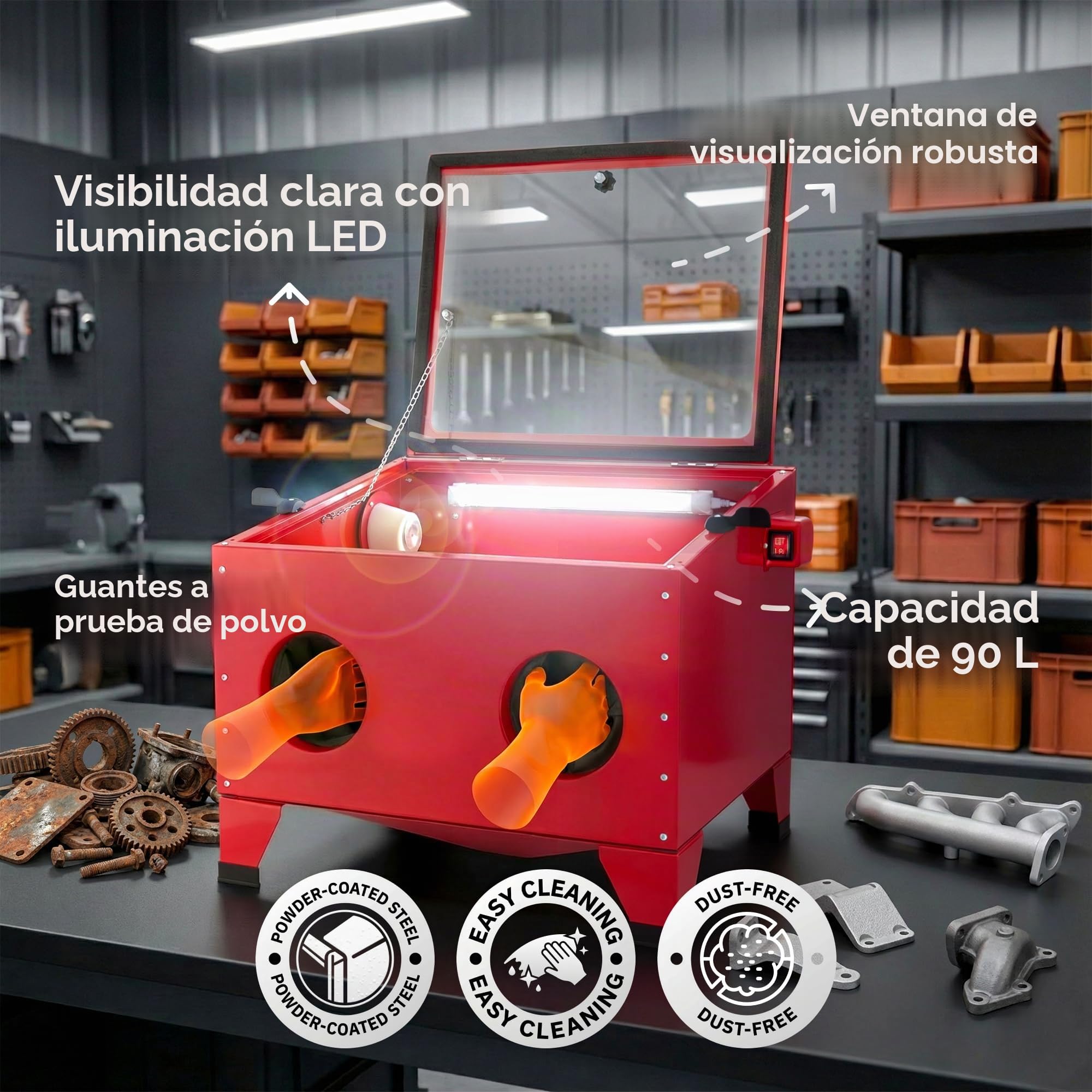 Arebos Cabina chorreadora de arena | Gabinete de arenado | Máquina de soplado de arena | Pistolas de chorro de arena | Rojo | 90L | Acero | 125 PSI