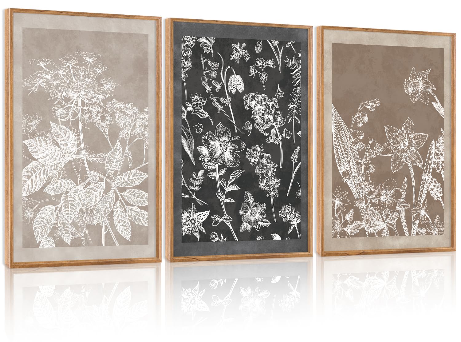 HOURIA 3Pcs Large Plant Leaf Flower Silhouette Framed Canvas Wall Art(16"x24"),Minimalist Botanical Wall Paintings Neutral Floral Wall Decor Modern