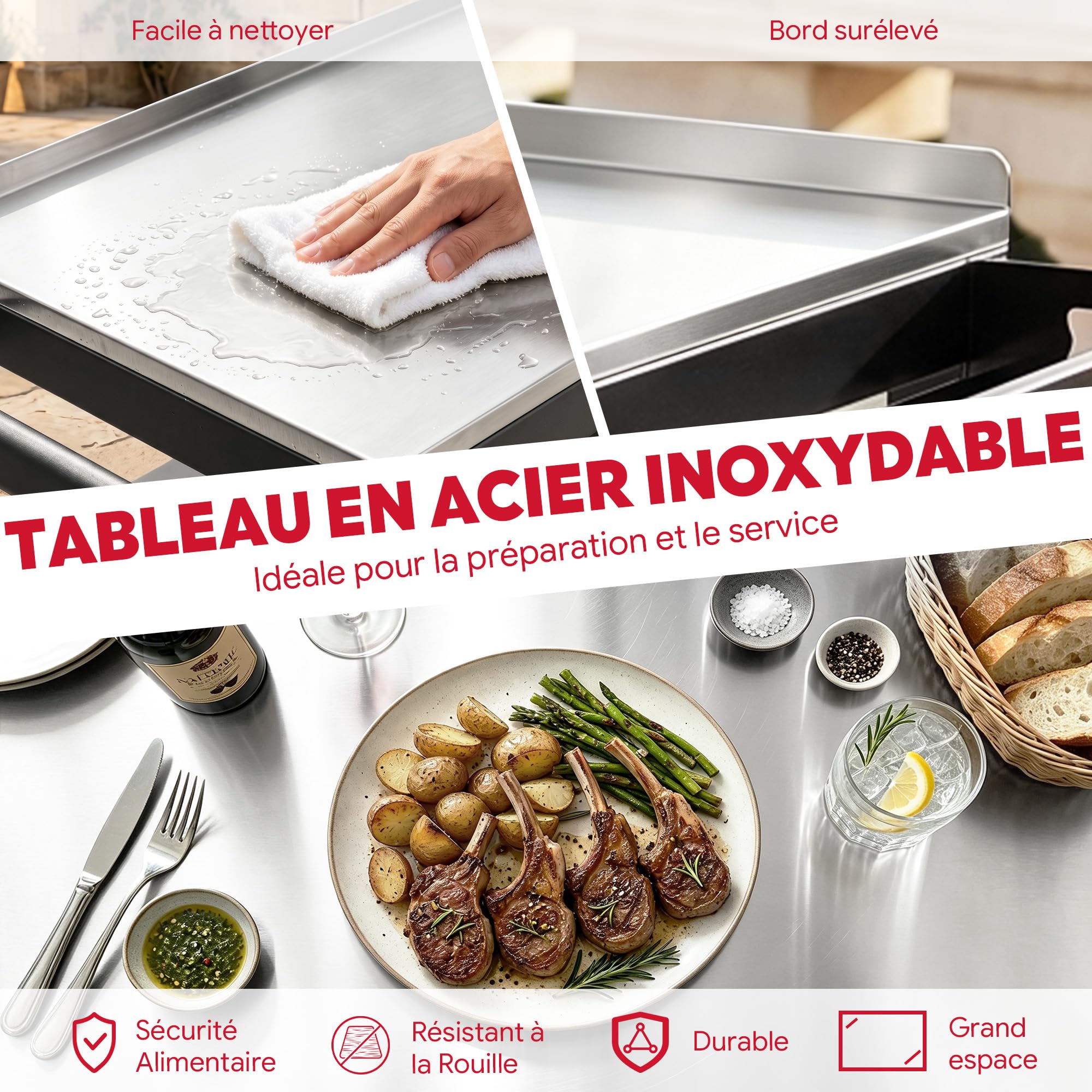 Feasto Chariot pour Barbecue avec Armoire de Rangement, 100x45x88 cm | Desserte Plancha avec Plateau en Acier Inox et 4 Roues, Idéal pour Jardin , Terrasse ou Cuisine Exterieure