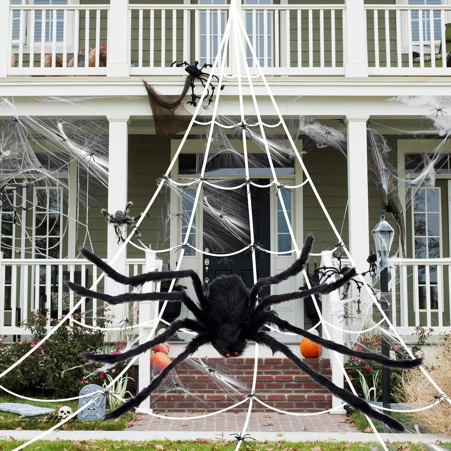 MotiMind Halloween Decoration Outdoor, 16.4 ft Triangle Web, 4.1 ft Giant Spider 50 Fake Spider for Halloween Yard Haunted House Party Decoration Supplies