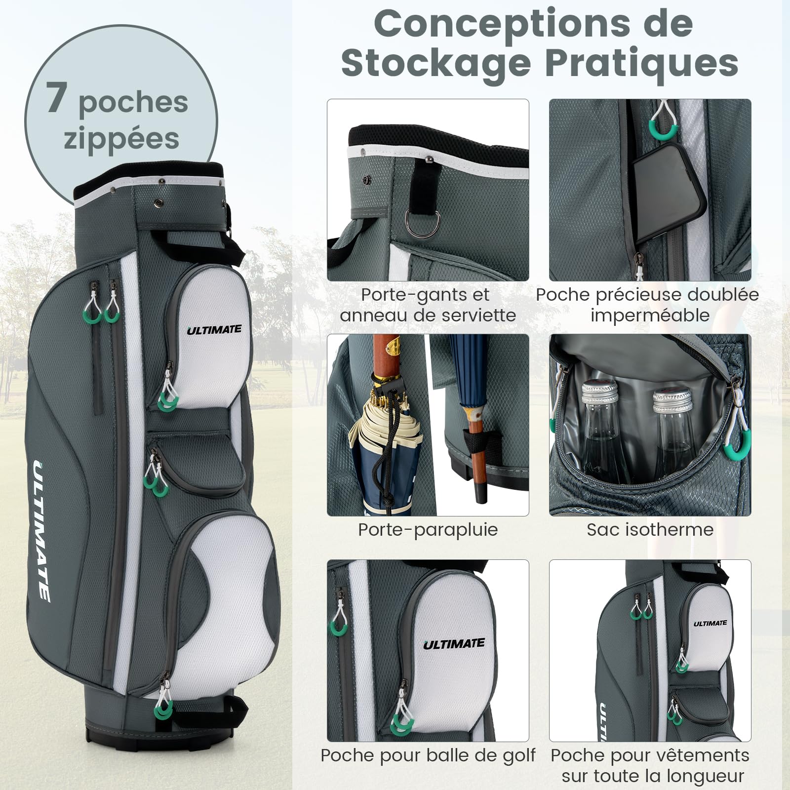 GOPLUS Sac de Golf trépied, Sac de Chariot de Golf léger avec 14 Compartiments séparés au Dessus, 7 Poches zippées, Poche pour Objets de Valeur, Sac Isotherme pour Boissons, bandoulière