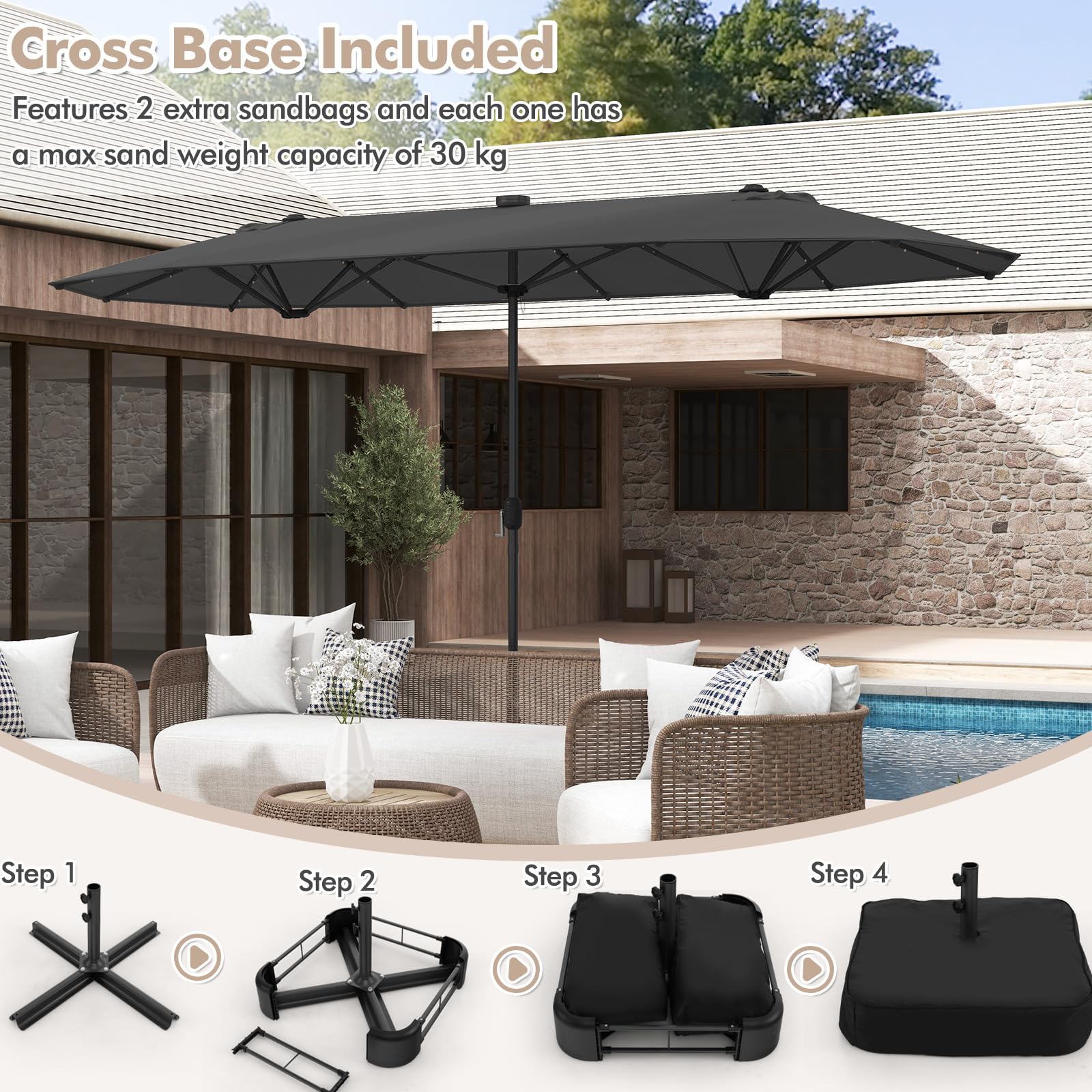 KOMFOTTEU Sombrilla Doble 4 x 2 m con Luces LED y Base, Sombrilla Rectangular con Manivela, Parasol de Jardín con Protección UV, Parasol Grande para Balcón, Piscina, Patio