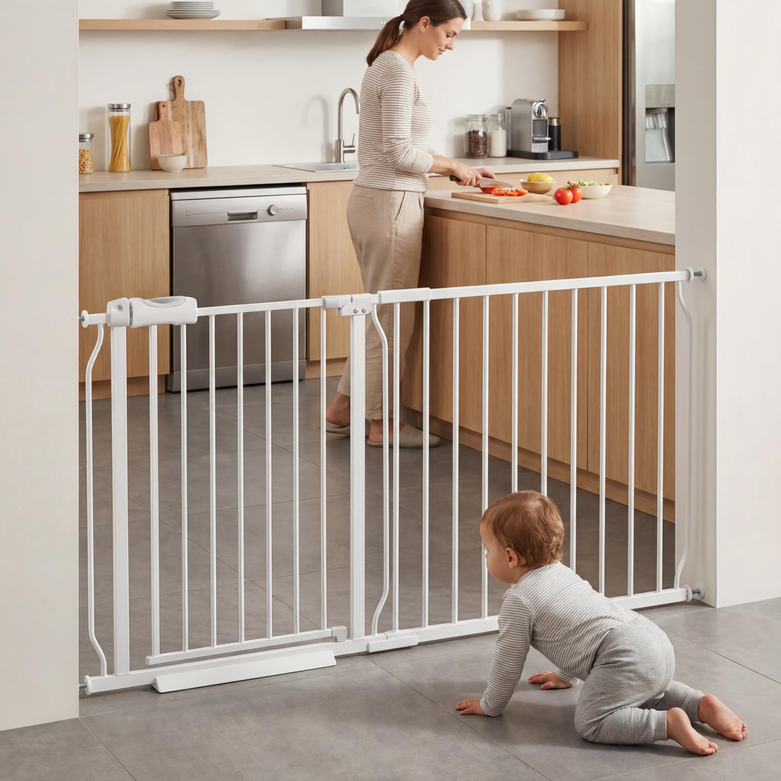 COSEND Extra Wide Baby Gate Tension Indoor Safety Gates White Metal Large Pressure Mounted Pet Gate Walk Through Long Safety Dog Gate for The House