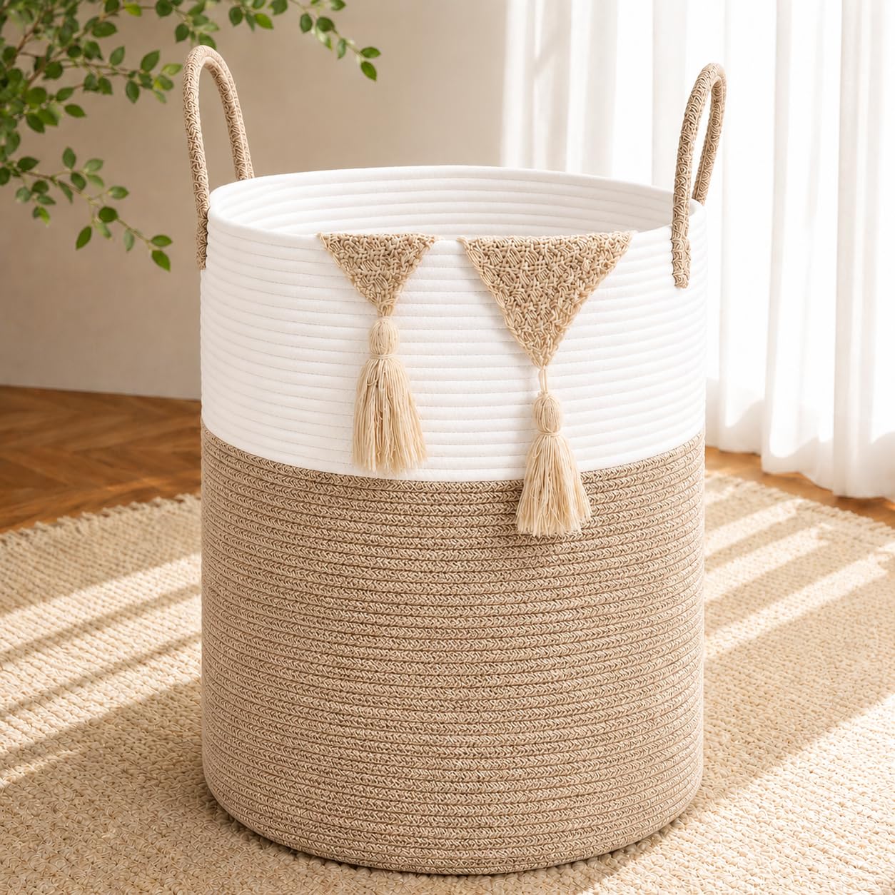Large Laundry Hamper Basket, 60L Cotton Rope Woven Storage Bin for Blankets, Dirty Clothes Toys, Decorative Tall Basket for Living Room, Bedroom, Bathroom, Nursery, Brown & White
