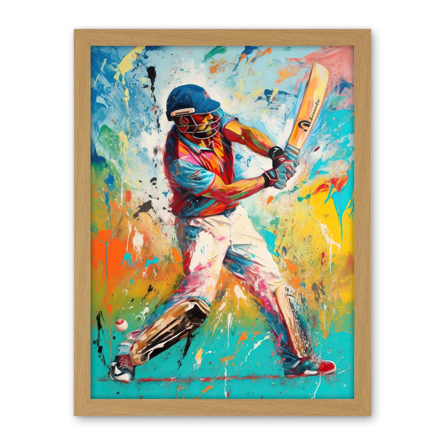 Artery8 Cricket Shot Vibrant Cricketer Batsman Portrait Artwork Framed Wall Art Print 18X24 Inch