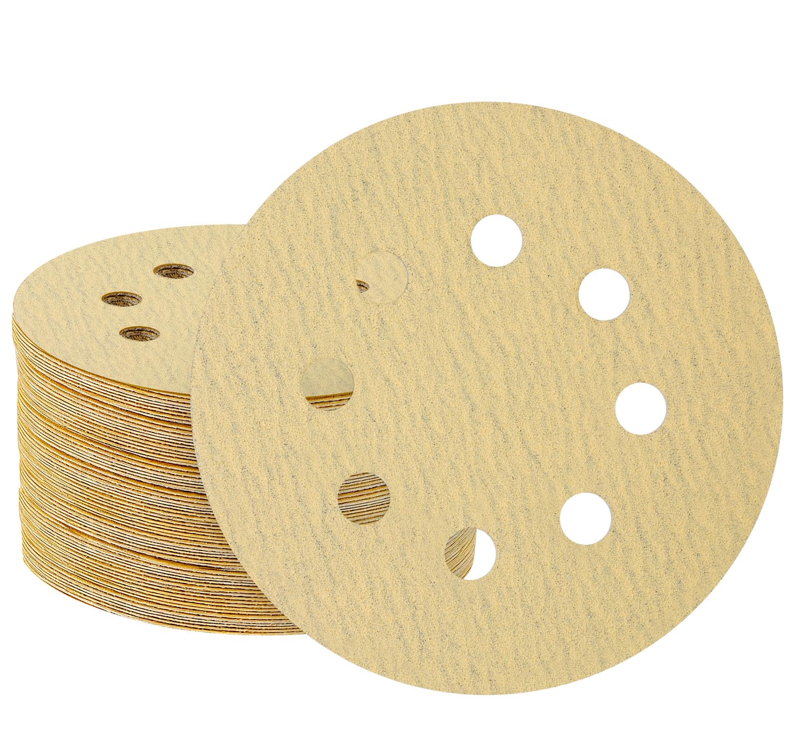 50PCS 125mm 8 Hole Sanding Discs 100 Grit Round Sandpaper Hook and Loop Pads Yellow Random Orbital Sander Sandpaper for Wood Metal Plastic