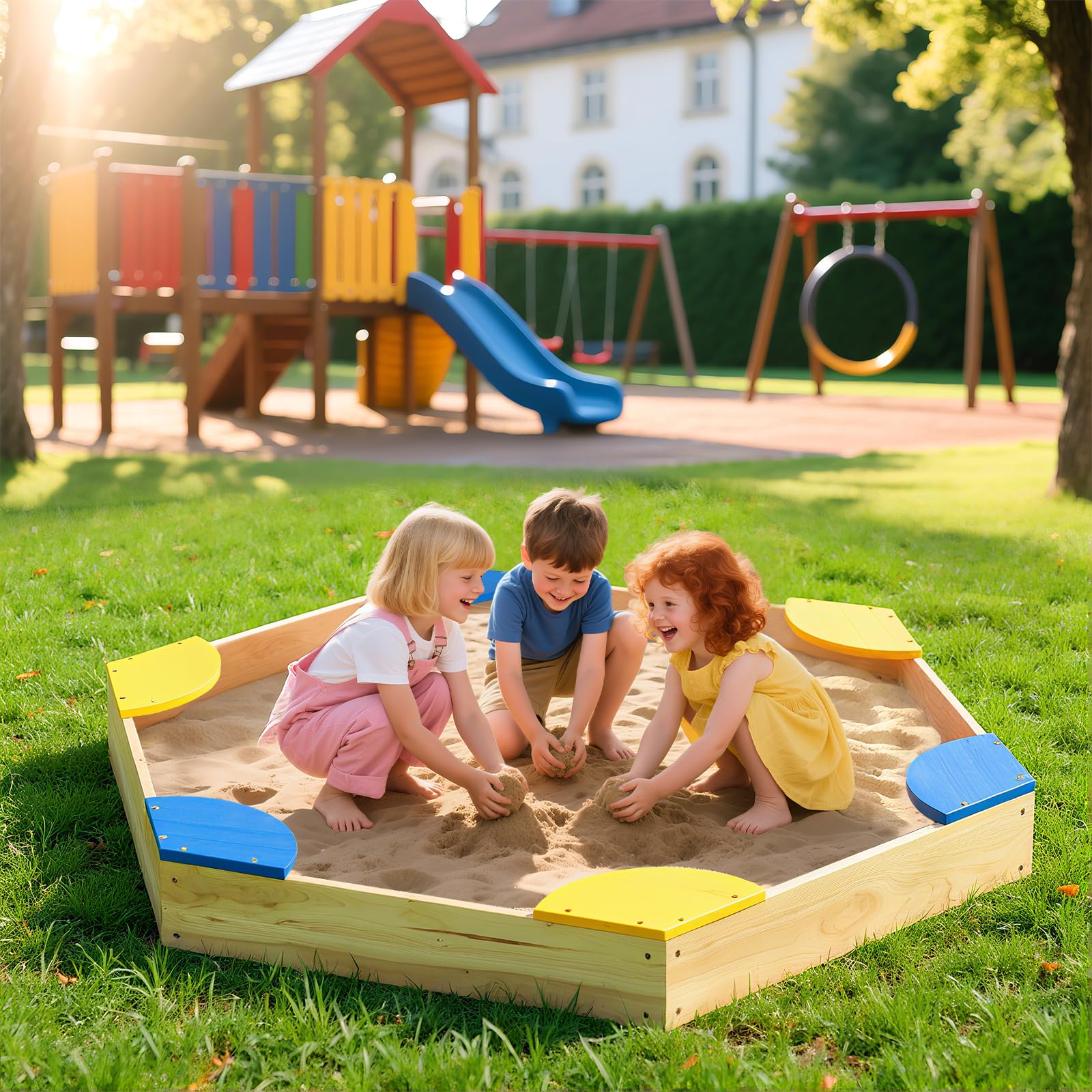 COSTWAY Arenero Infantil, 140 x 122 x 14 cm, Arenero de Madera para Exteriores, Caja de Arena de Madera con 6 Asientos en Forma de Abanico Incorporados y Estructura sin Fondo, Arenero Niños Exterior